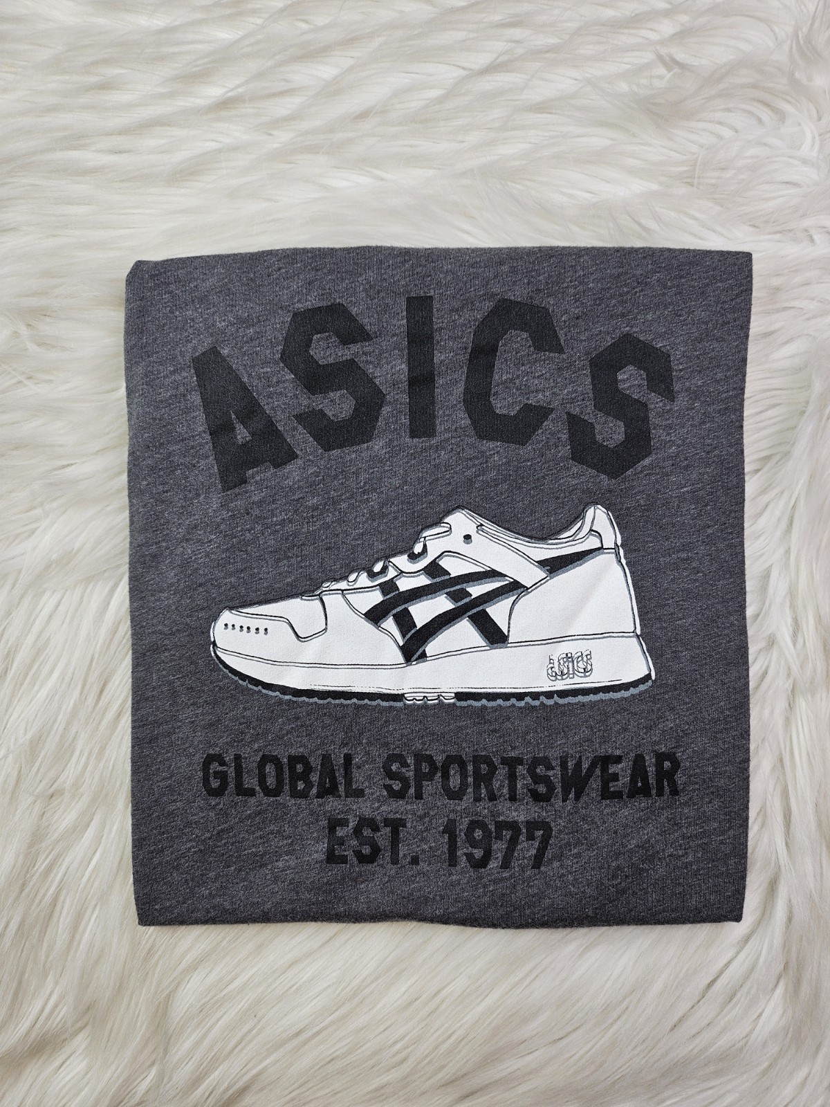 Asics Mens T Shirt “global Sportswear” Graphic Print 1977 Gray (S)