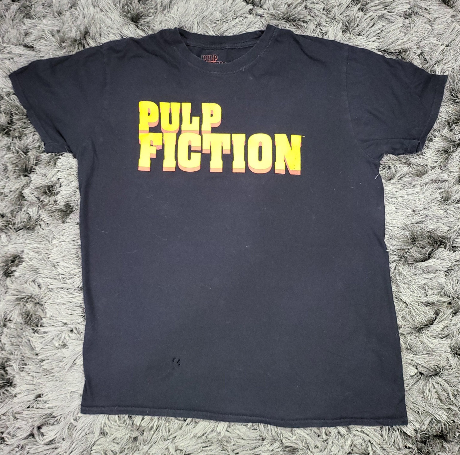 Pulp Fiction Shirt Mens Large Black Logo Graphic 90s Tee Tarantino Movie Flaws