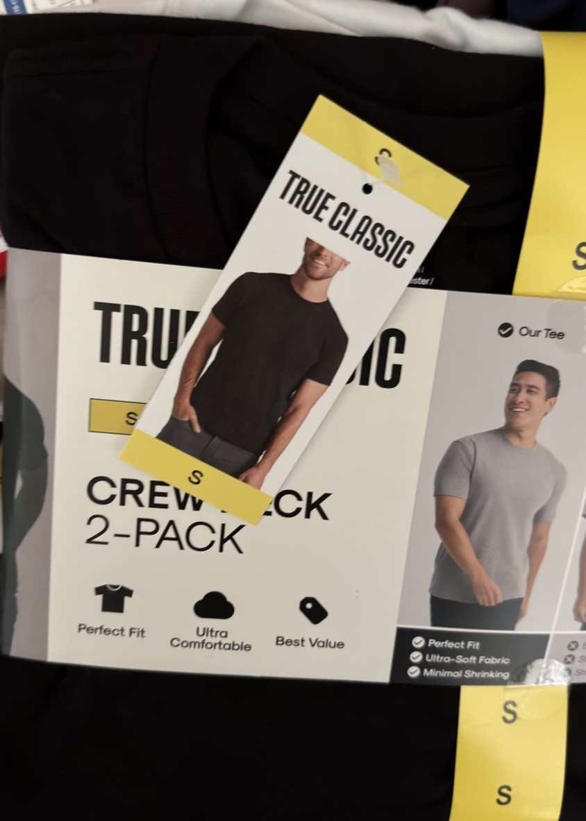 TRUE CLASSIC Mens Crew Neck Perfect Fit T-Shirt 2-Pack Black White Size S NWT