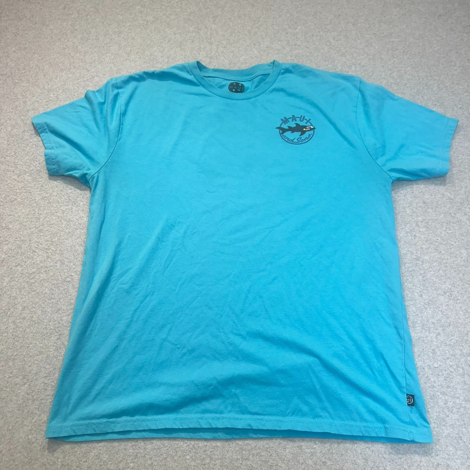 Maui & Sons Shark T Shirt Men’s XL Turquoise Blue Graphic Surf Skate 60/40