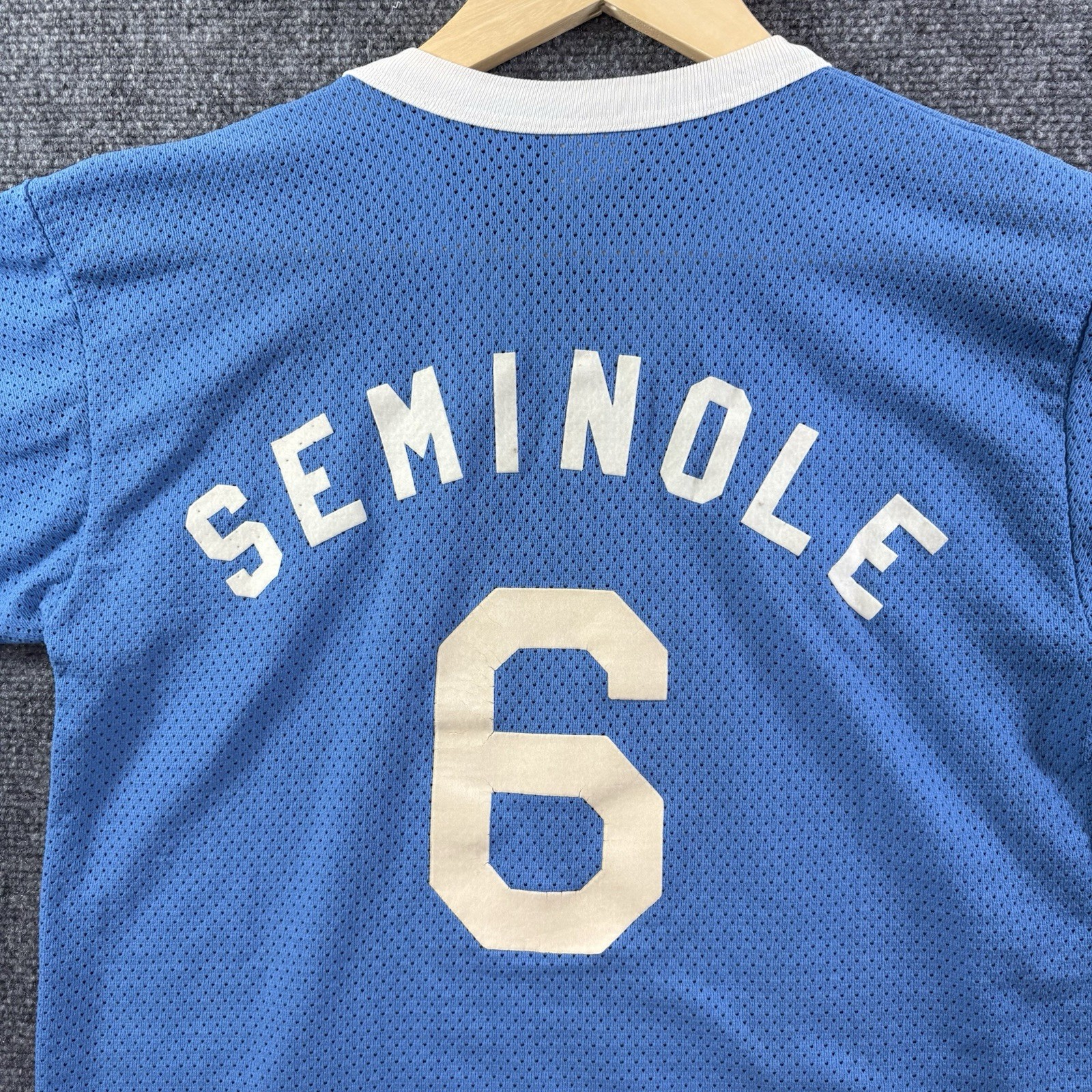 VTG 70s Nylon Mesh Flock Printed V Neck Jersey Mens M Blue Baseball Football