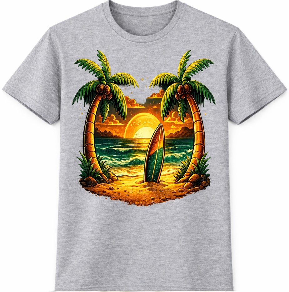 Tropical Beach T-Shirt Sunset Surfboard Graphic Palm Trees Ocean Summer tee