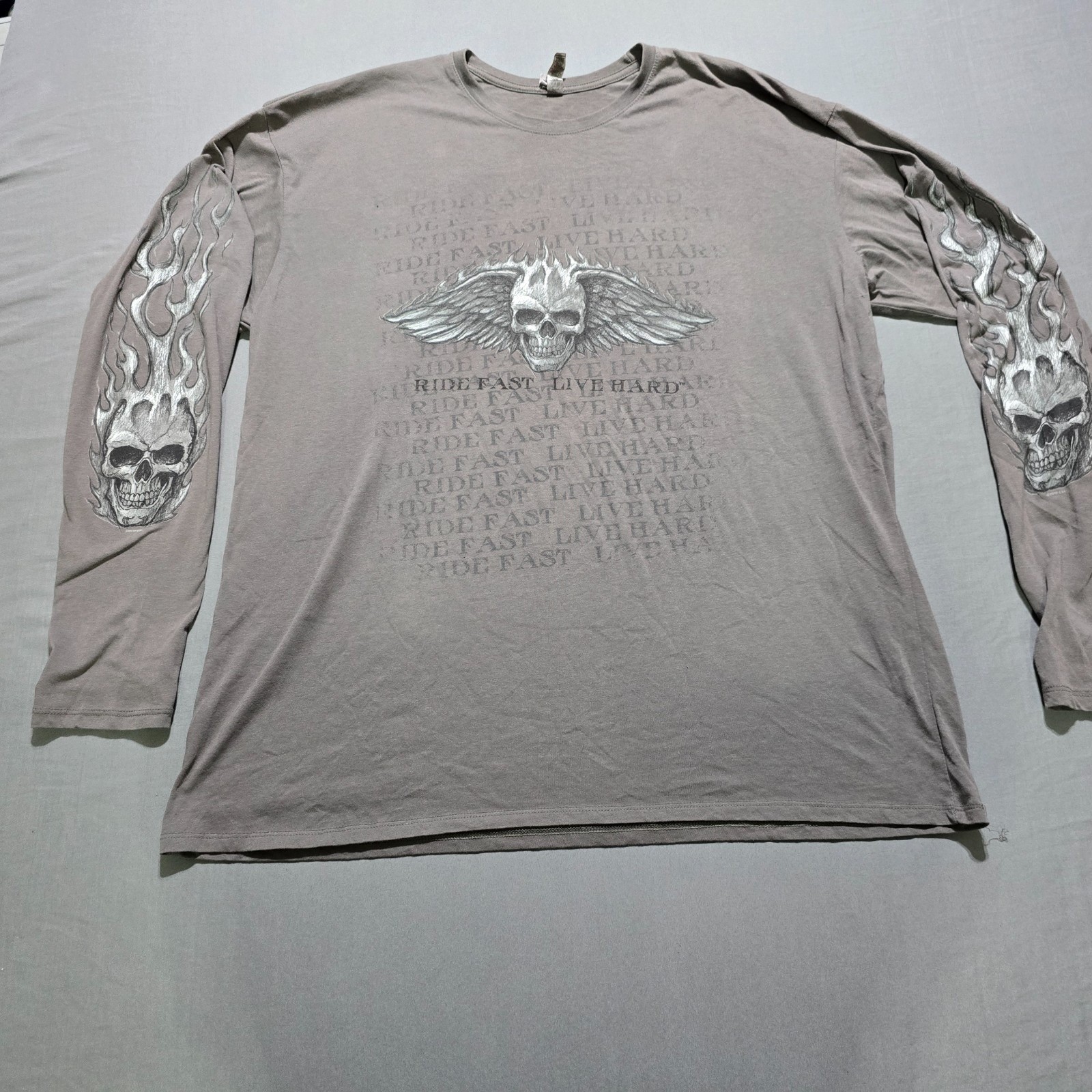 Next Level Ride Fast Live Hard Long Sleeve Men 2XL Gray Skull Flame Graphic Tee