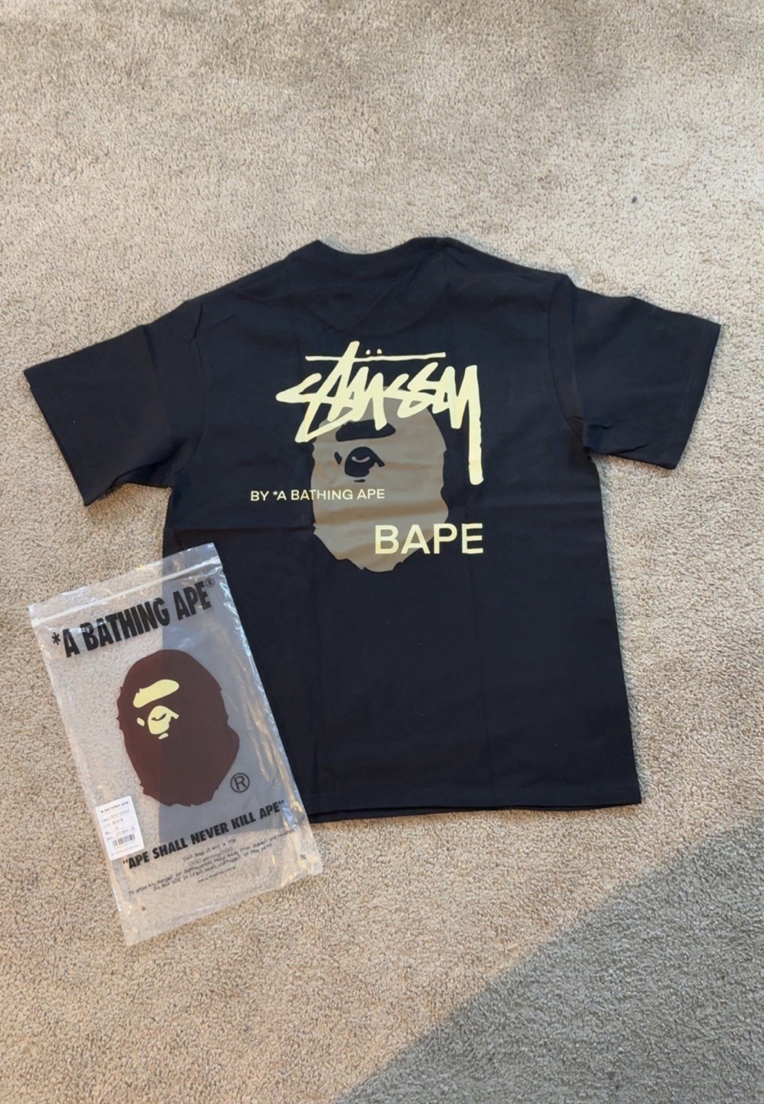 A Bathing Ape BAPE x Stussy Graphic Logo Tee Black Crew Neck Short Sleeve L