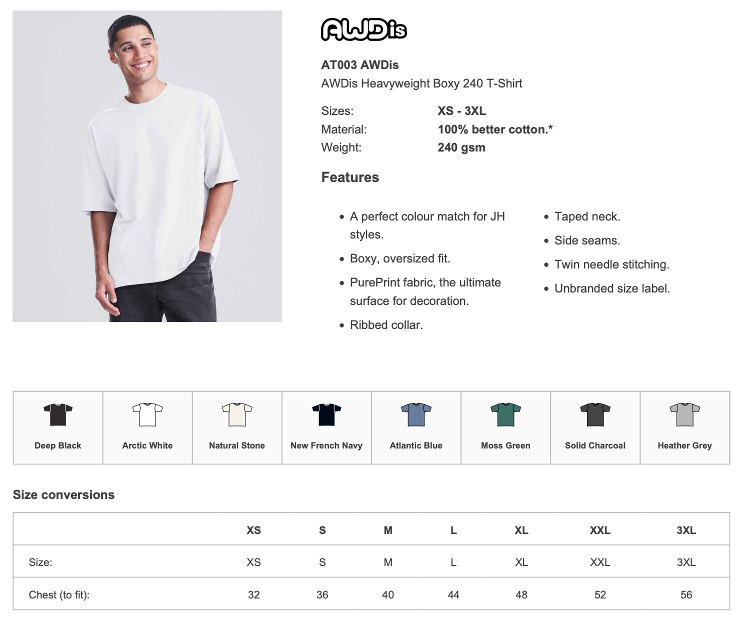 Heavyweight Cotton Boxy T-Shirt AWDis Over Sized Fit Short Sleeve Crew Neck Tee