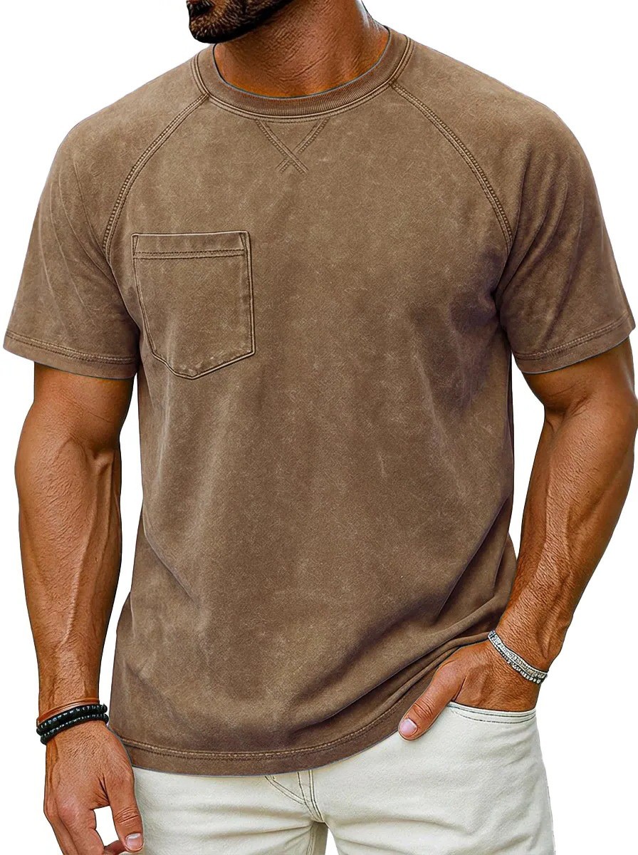 Men’s Vintage Washed Raglan Short Sleeve T-Shirt, Pocket Crew Neck Casual Tee