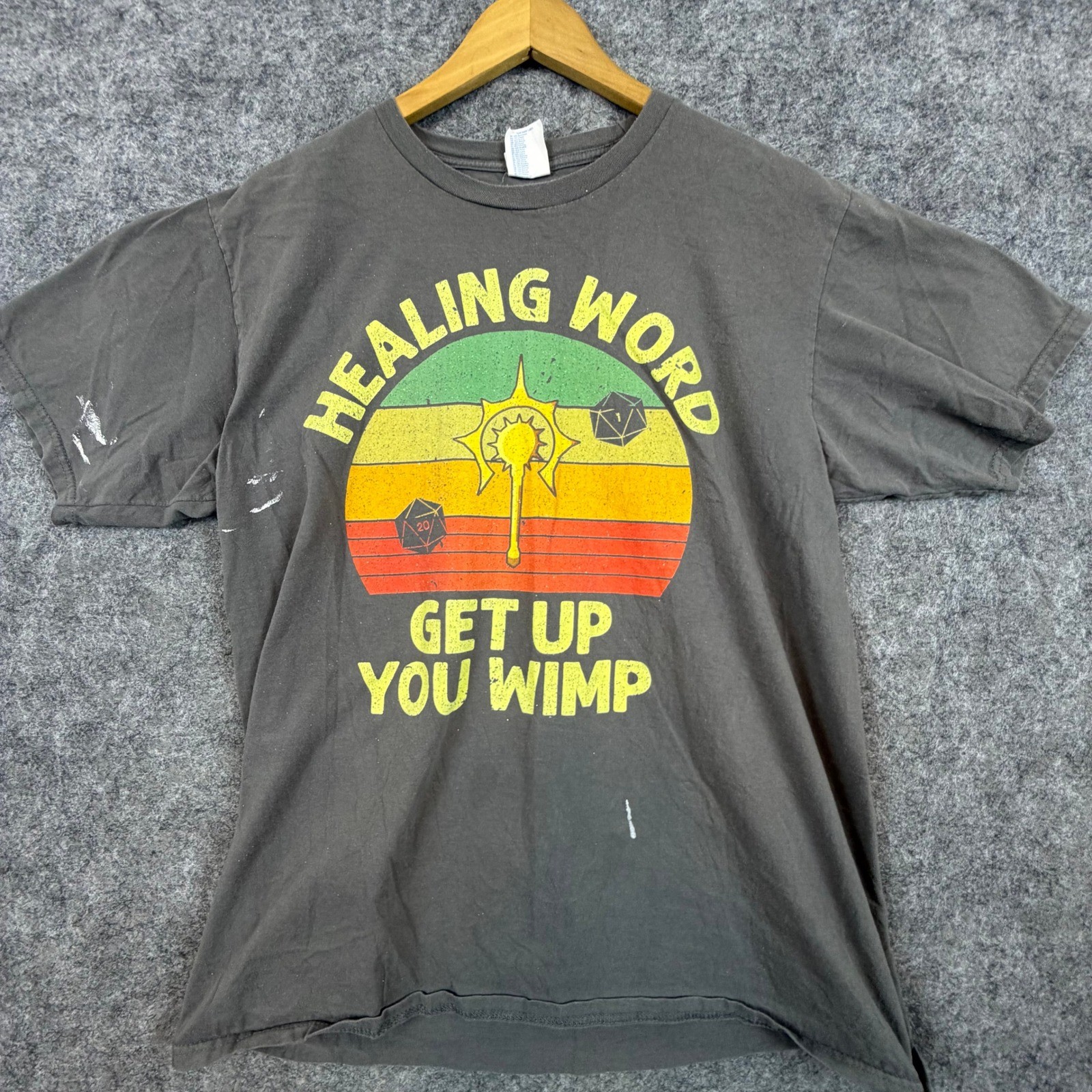 Healing Word D&D D20 Gaming Gildan Graphic T-Shirt Mens Large Gray Distressed