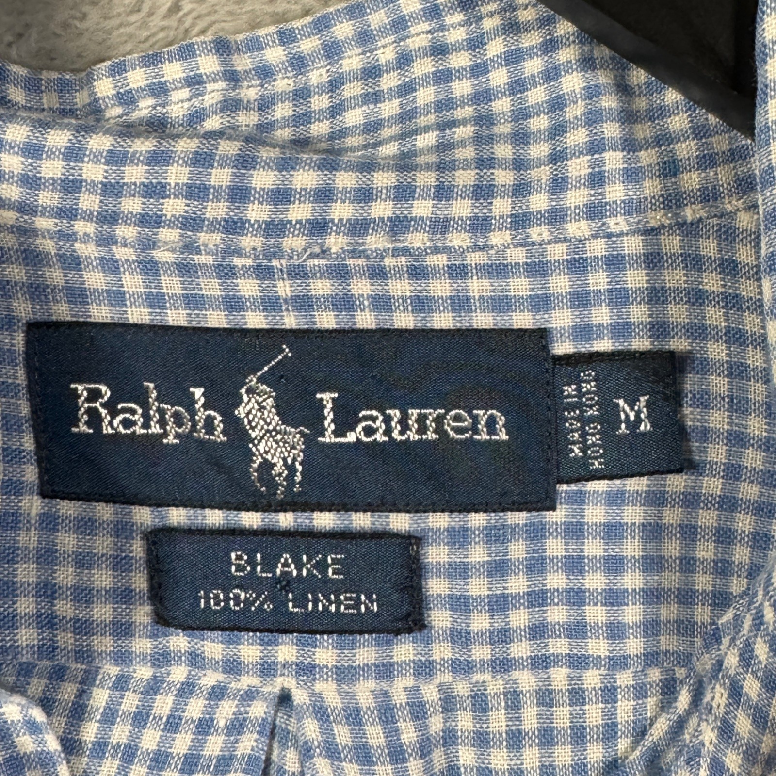 Ralph Lauren Blake Shirt Mens M Blue Gingham Check 100% Linen Button Down