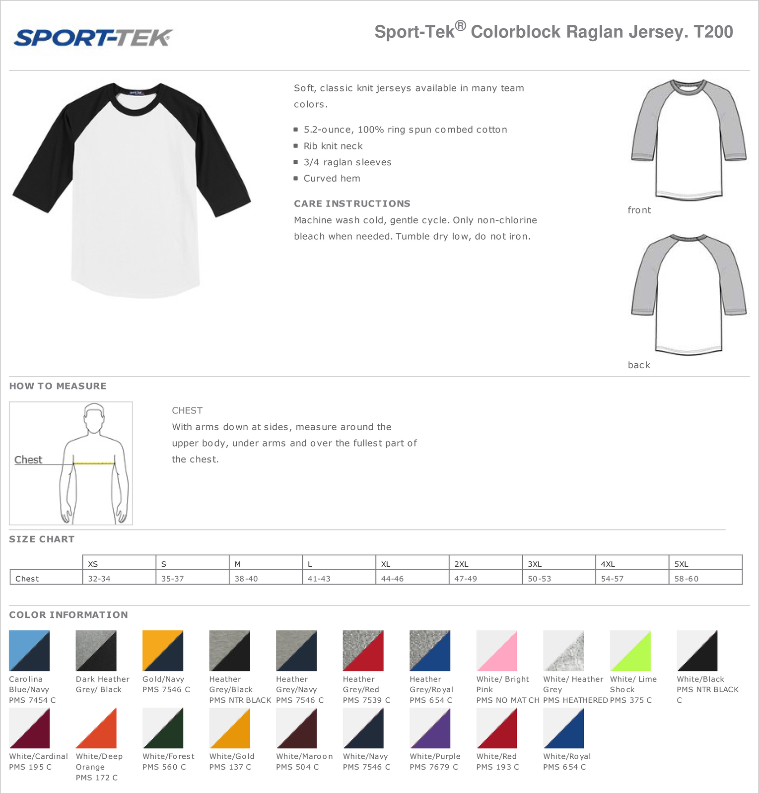 Sport-Tek Mens 100% Cotton Raglan 3/4 Sleeve Colorblock Baseball T-Shirt M-T200
