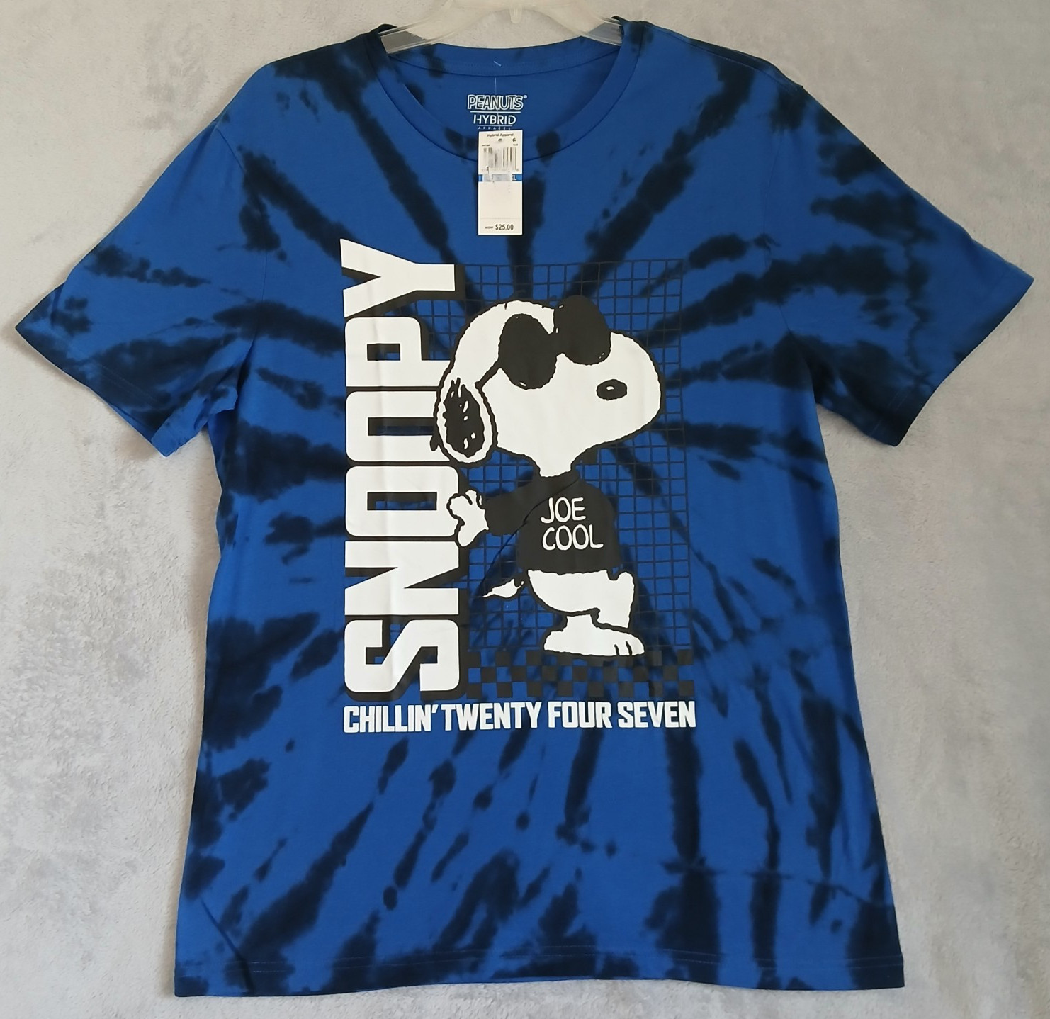 SNOOPY Men’s XL Joe Cool Tee Shirt Peanuts Chillin’ 24/7 Tie Dye Blue Hybrid NWT