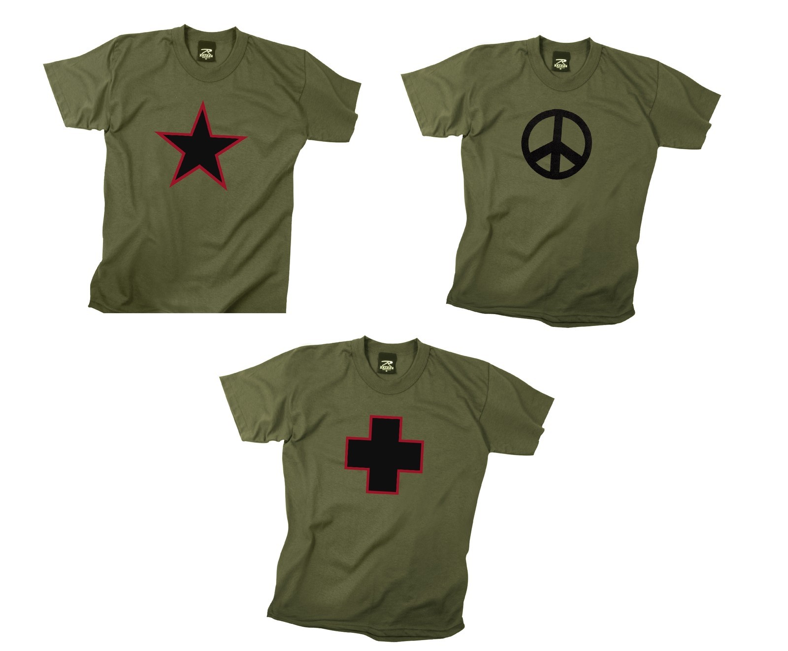 Olive Drab Military Hipster T-Shirts – Dark Green Star,Peace,Cross Tee’s