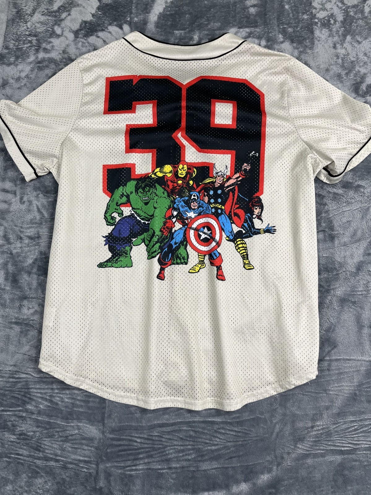 Marvel 3X Baseball Jersey Button-Up Avengers Graphic Back Beige & Red