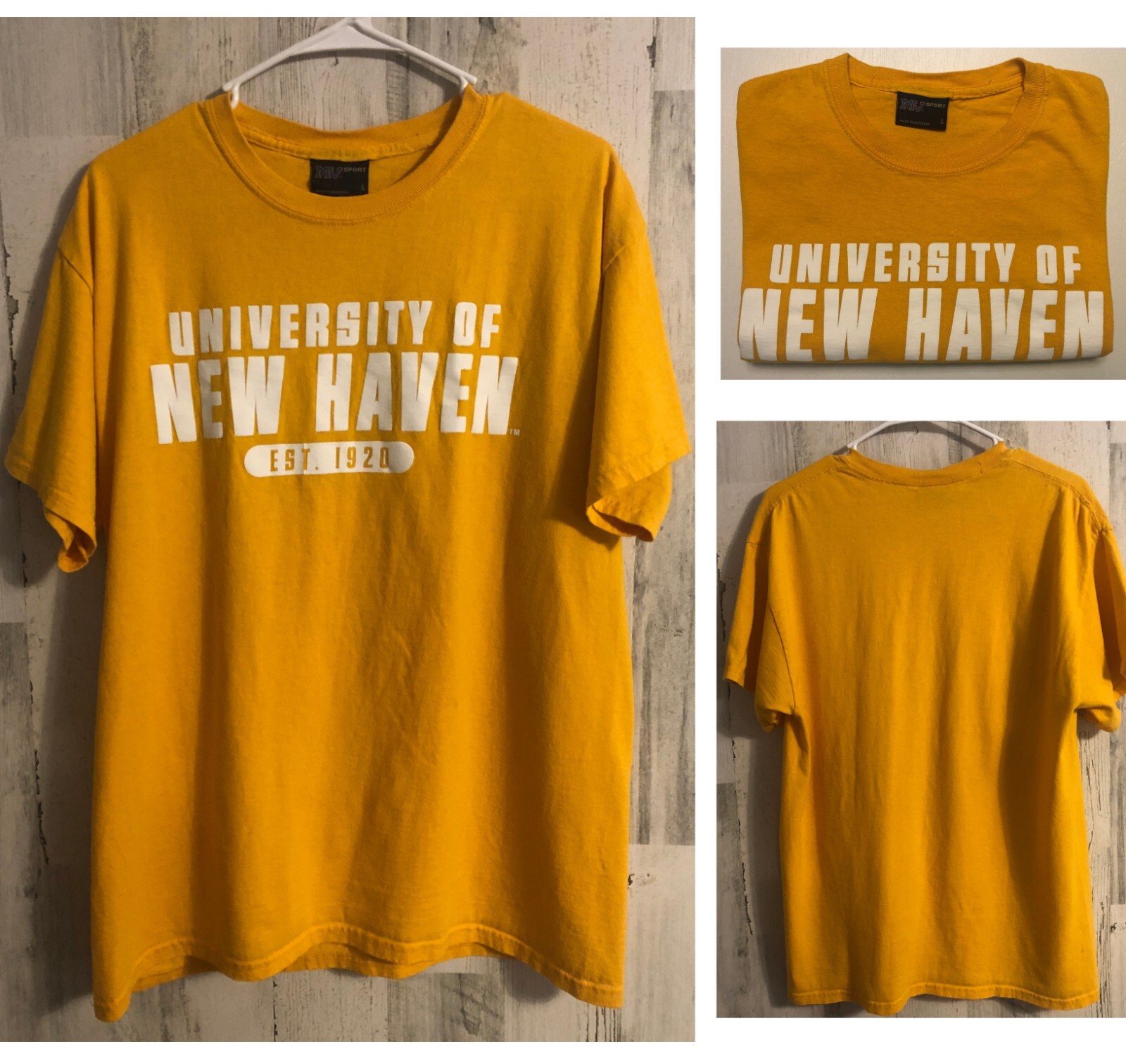vtg University of New Haven Graphic Tee T-Shirt Sz L MV SPORT Gold Spellout