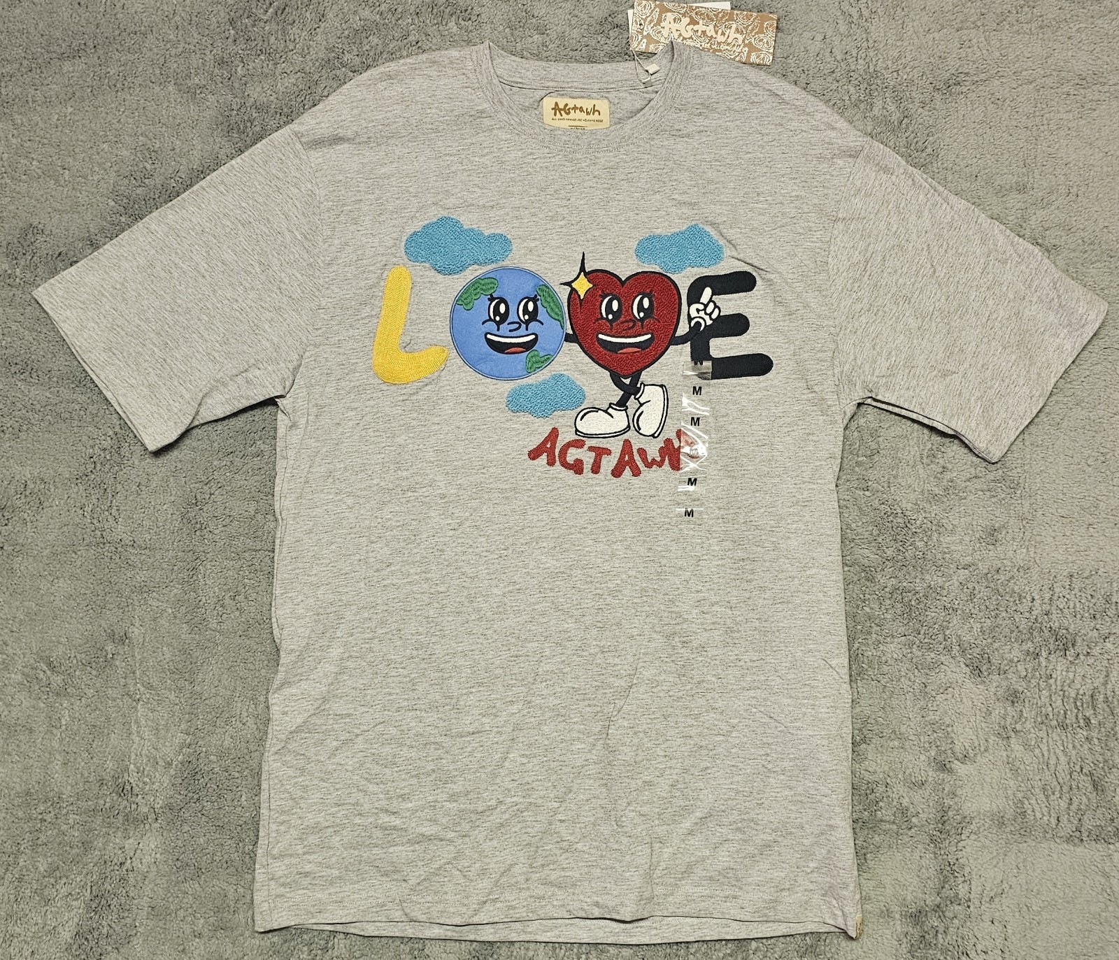 Agtawh Embellished Love Tee Shirt Earth Heart Raised Graphic Mens M Grey new nwt