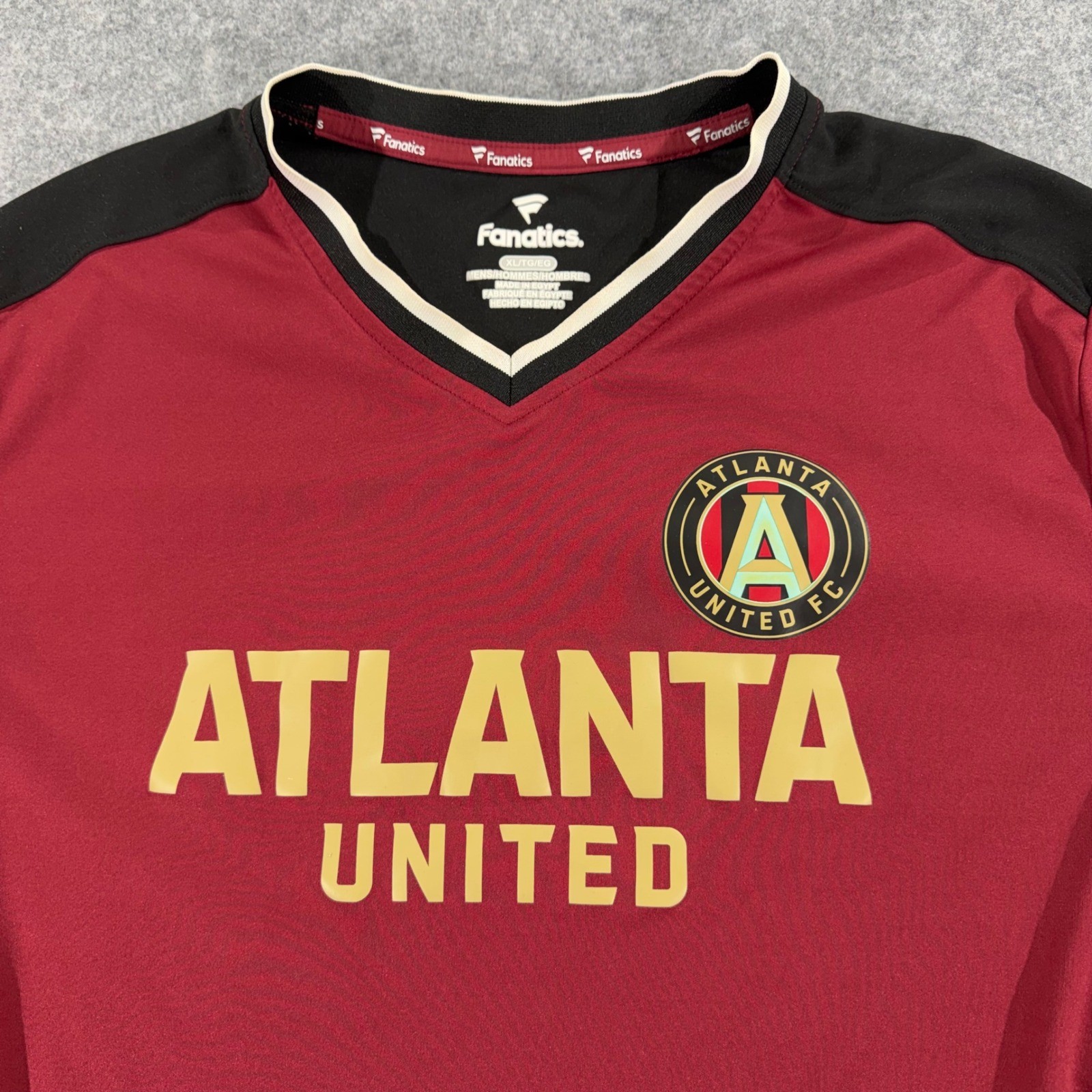 Fanatics Atlanta United FC MLS Soccer Jersey Mens XL Burgundy Black Gold V-Neck