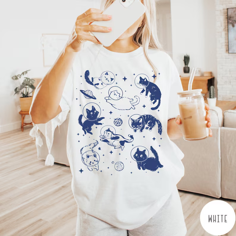 Cute Space Cat Tee Galaxy Kitten Graphic Shirt Celestial Themed Apparel