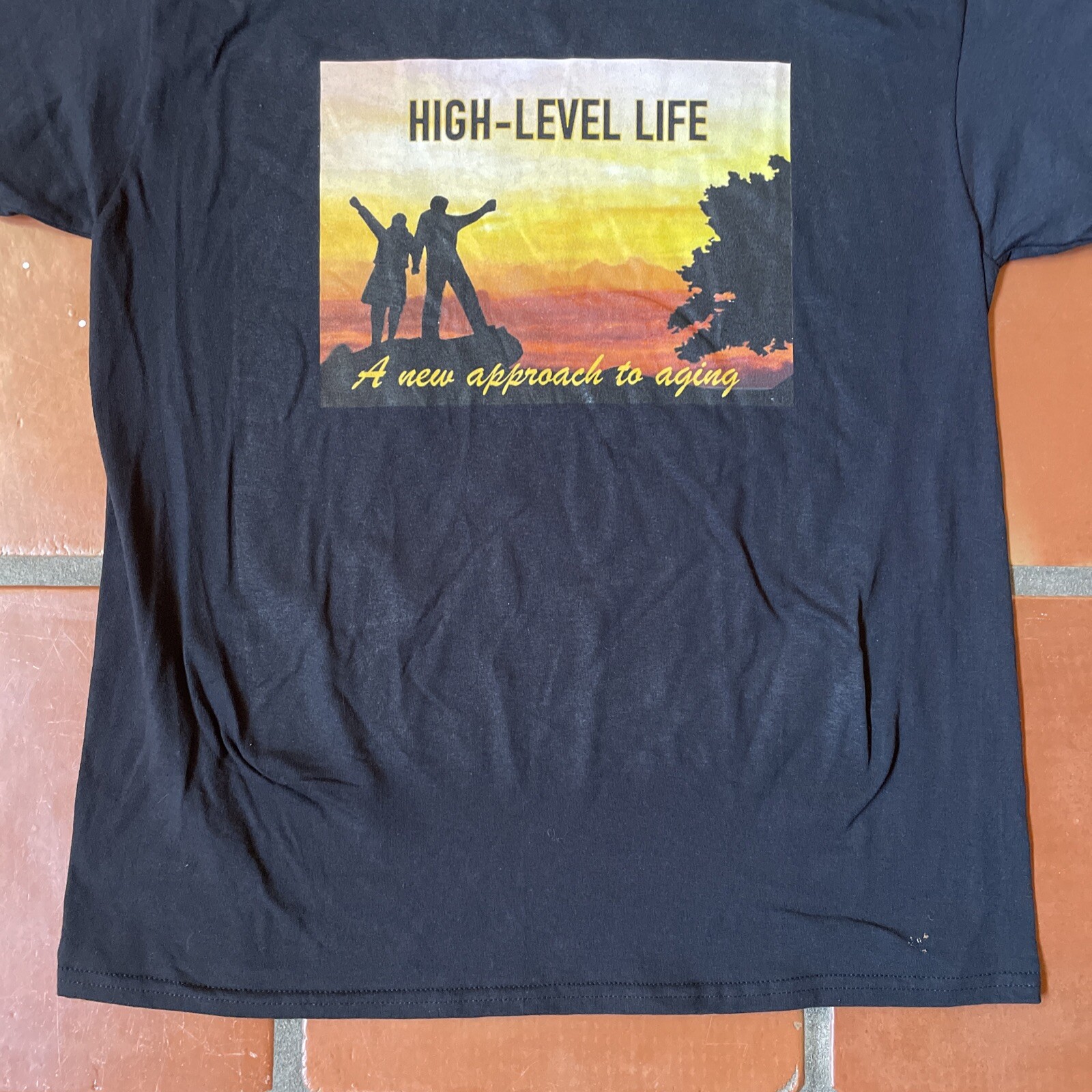 Vintage Black Graphic Print T-Shirt High Level Life A New Approach To Aging Tee