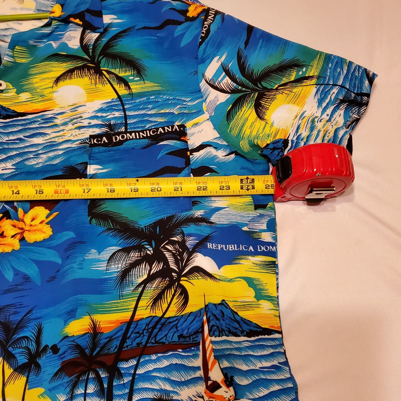 Dominican Caribbean Tropical Button Palm Tree Island Floral Shirt Yellow & Blue