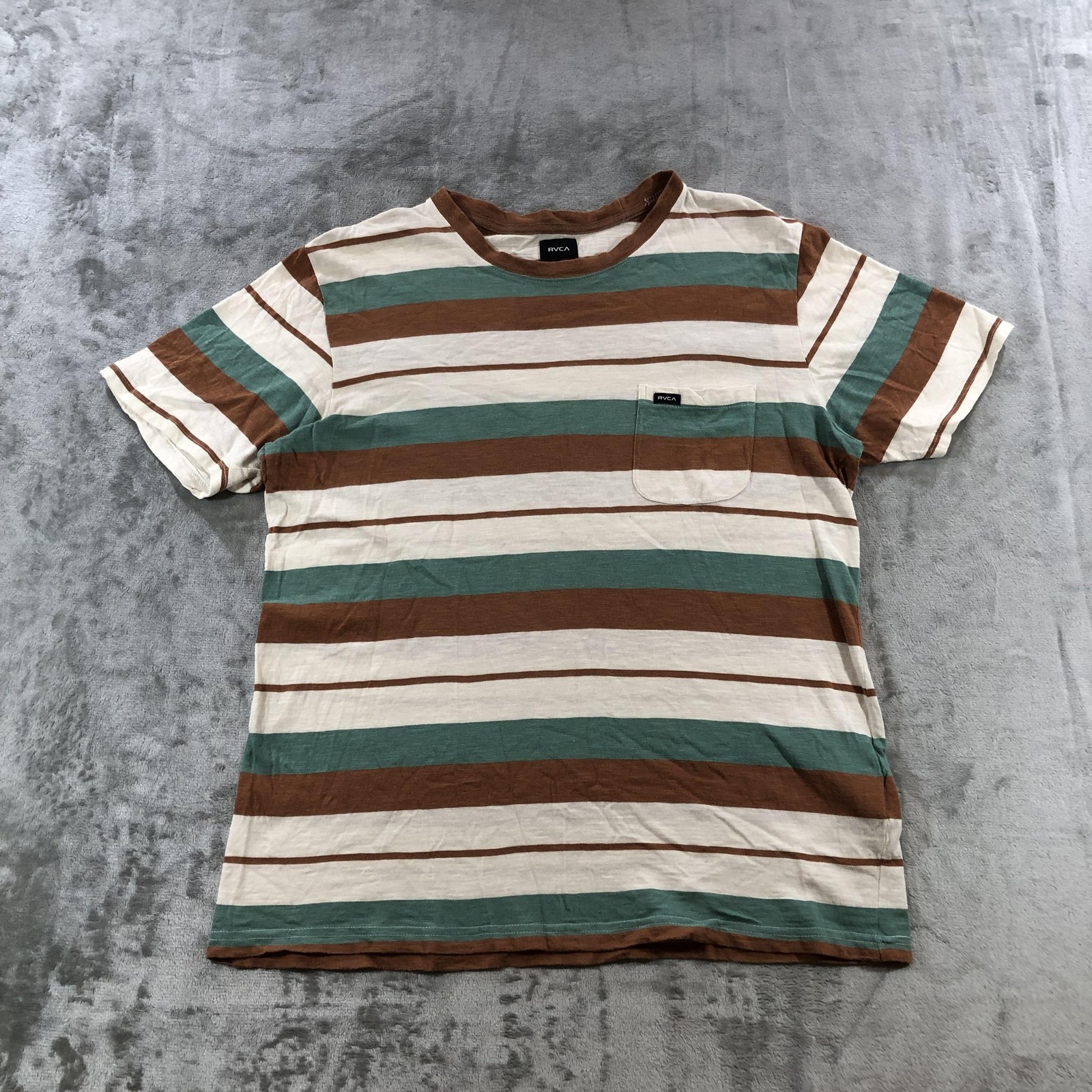 RVCA Magnolia Crew SS Shirt Mens Medium Multicolor Stripe Pocket Cotton Tee