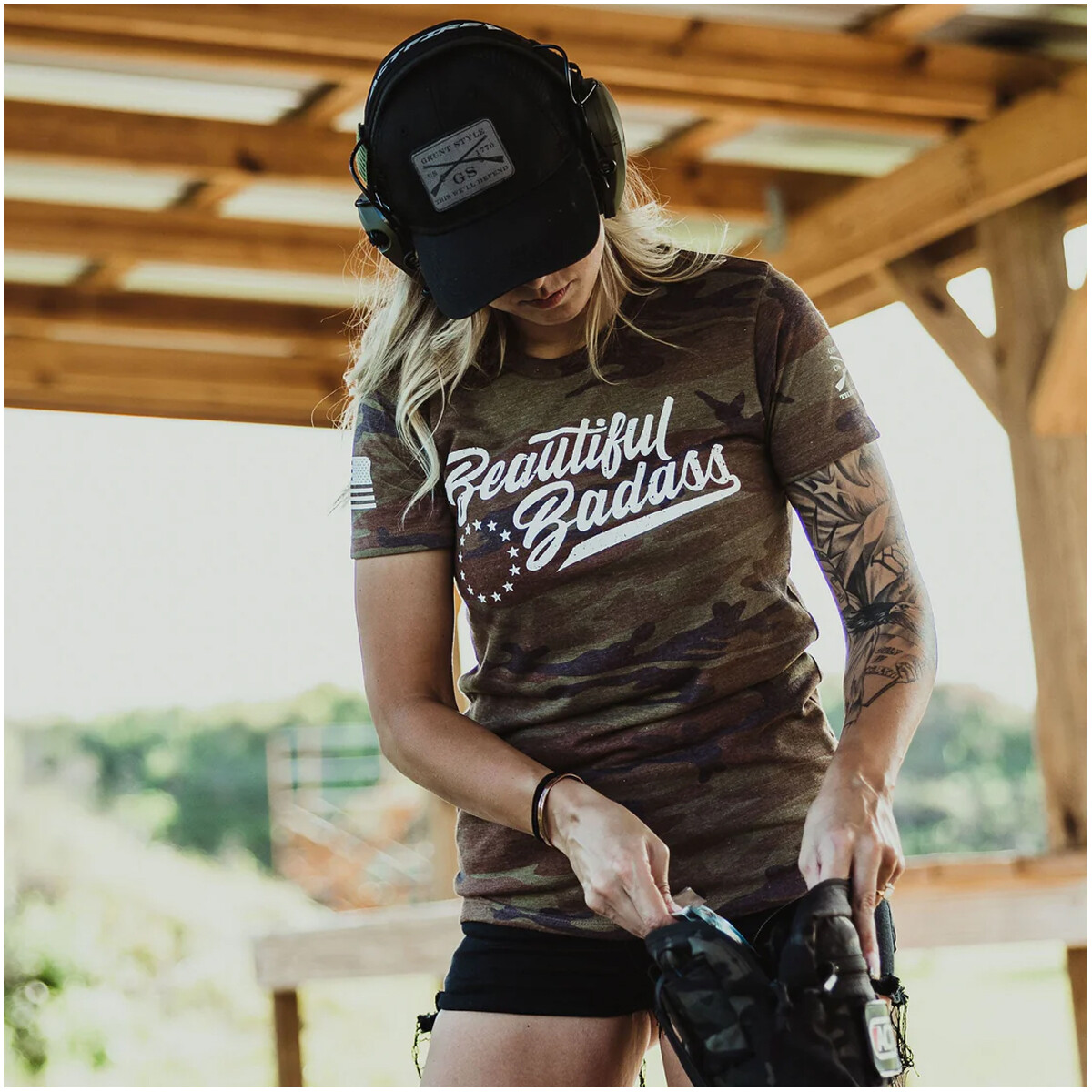 Grunt Style Women’s Beautiful Badass T-Shirt – Woodland Camo