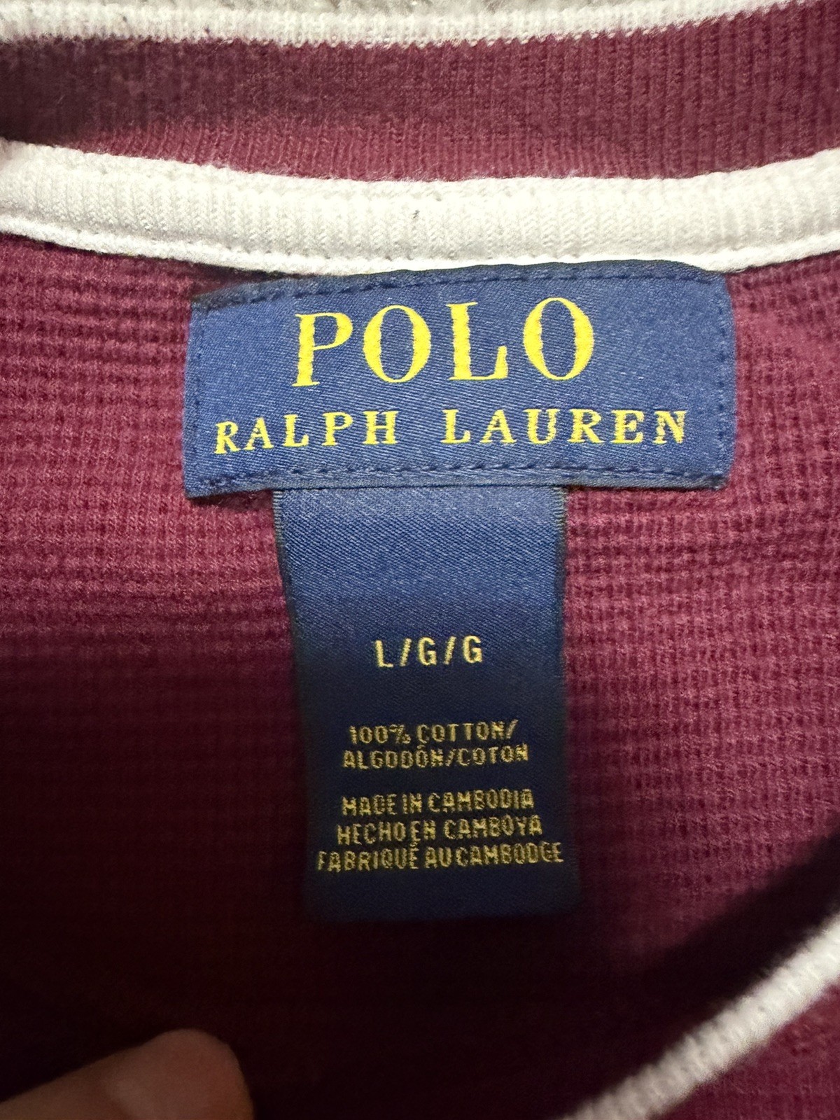 Polo Ralph Lauren Mens Large Shirt Waffle Knit Thermal T Maroon L/S Pull on Logo