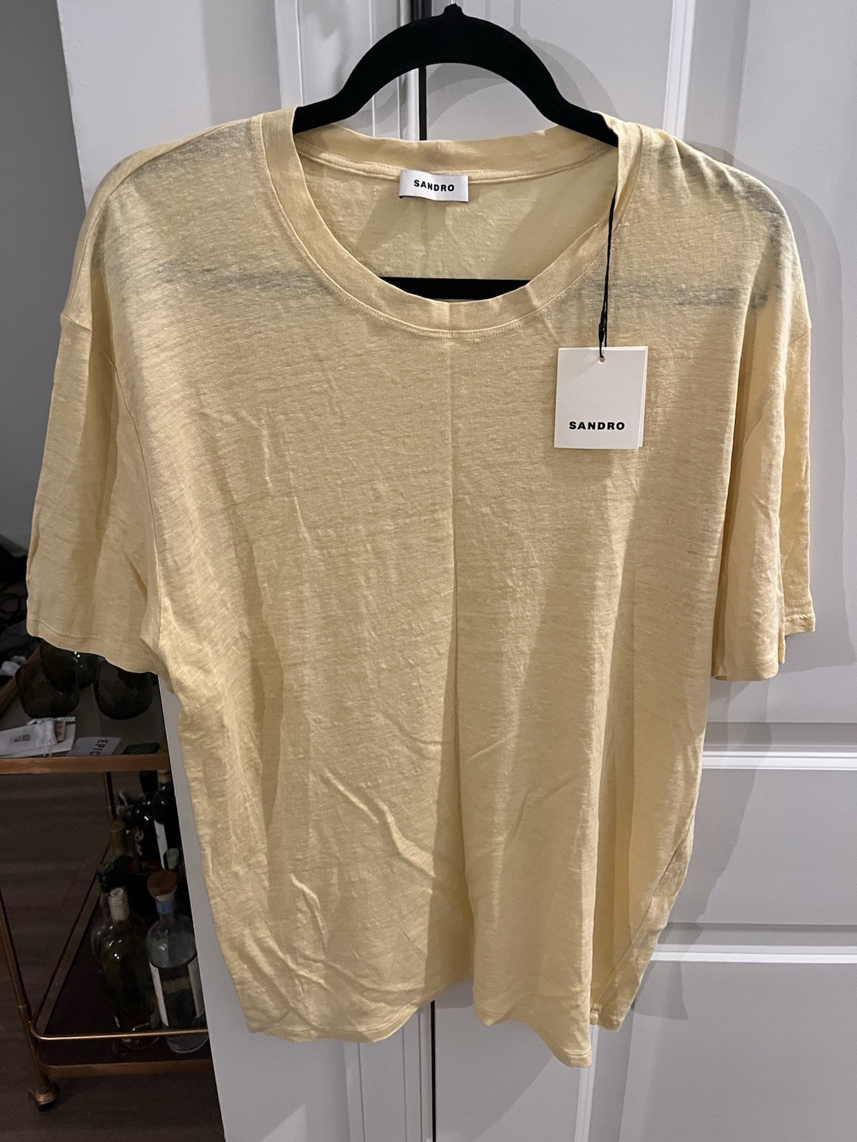 Sandro 100% Linen Yellow Solid Short Sleeve Crew Neck T-Shirt Top XXL SHPTS00222