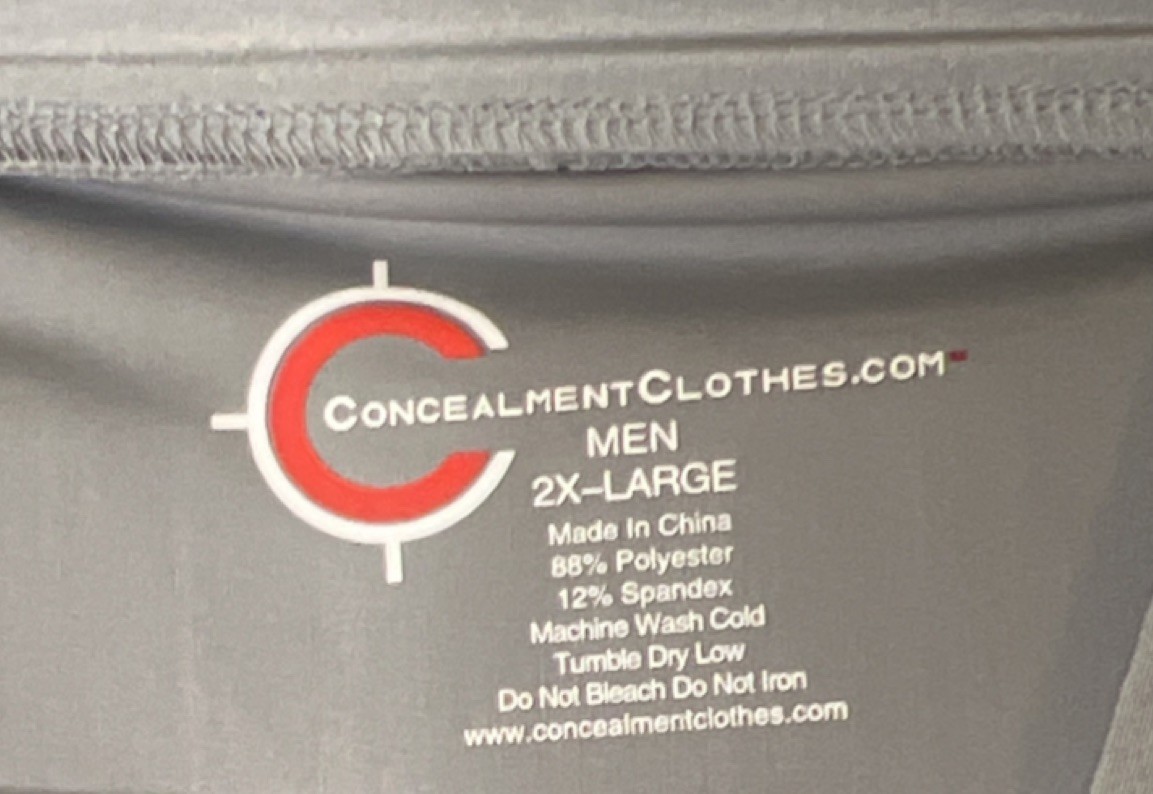 Concealment Shirt Men’s 2X-Large Gray T-Shirt Pockets Polyester Spandex