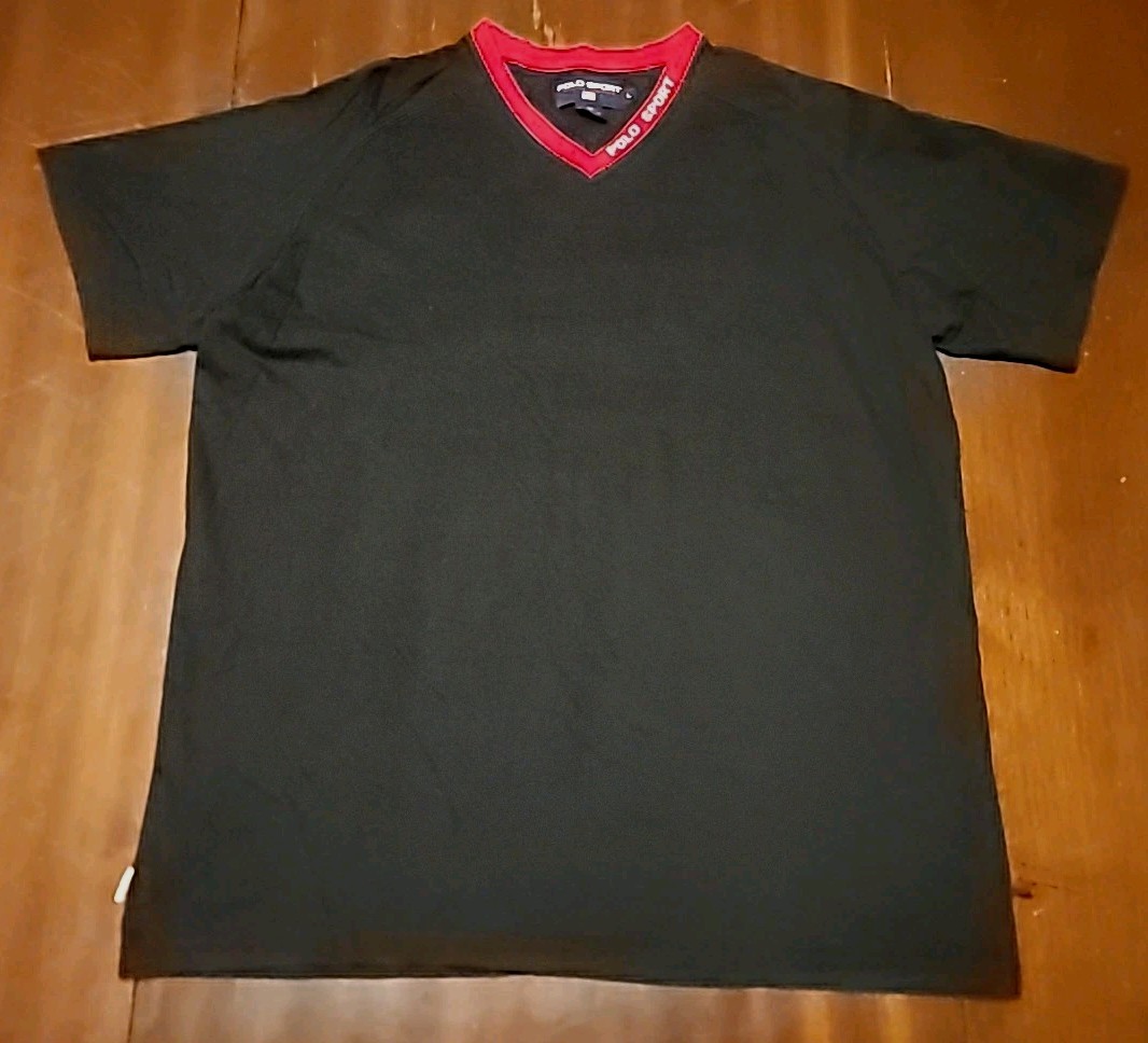 VINTAGE 90’S POLO SPORT BY RALPH LAUREN V NECK BLACK WITH RED TRIM T SHIRT LARGE