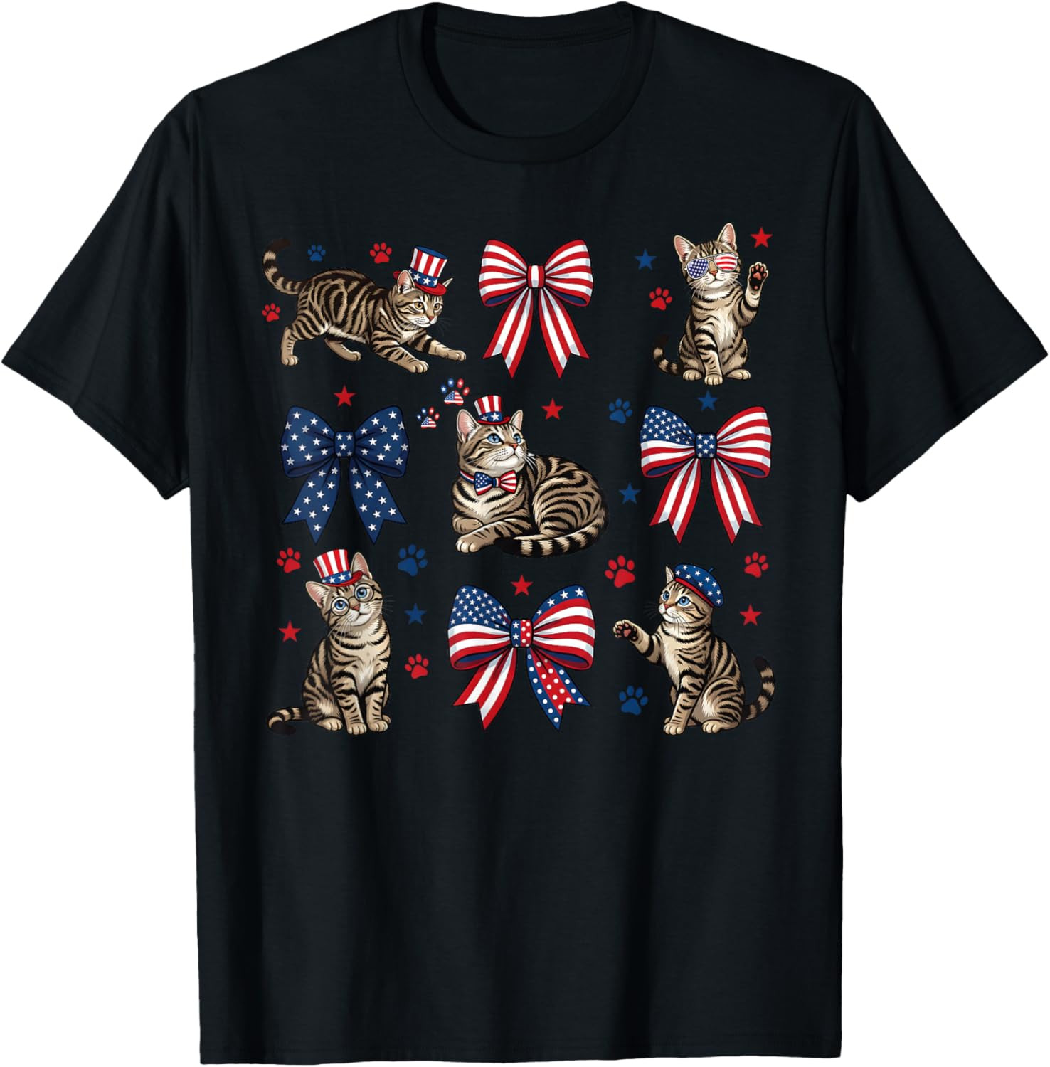 Patriotic Cat 4th of July Bow American Flag Girls Women T Shirt