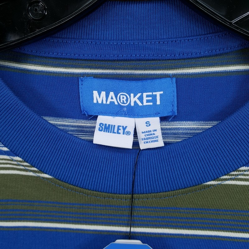 MARKET STUDIO Shirt Mens Small Blue Stripe Pullover Crew Smiley T-Shirt Tee