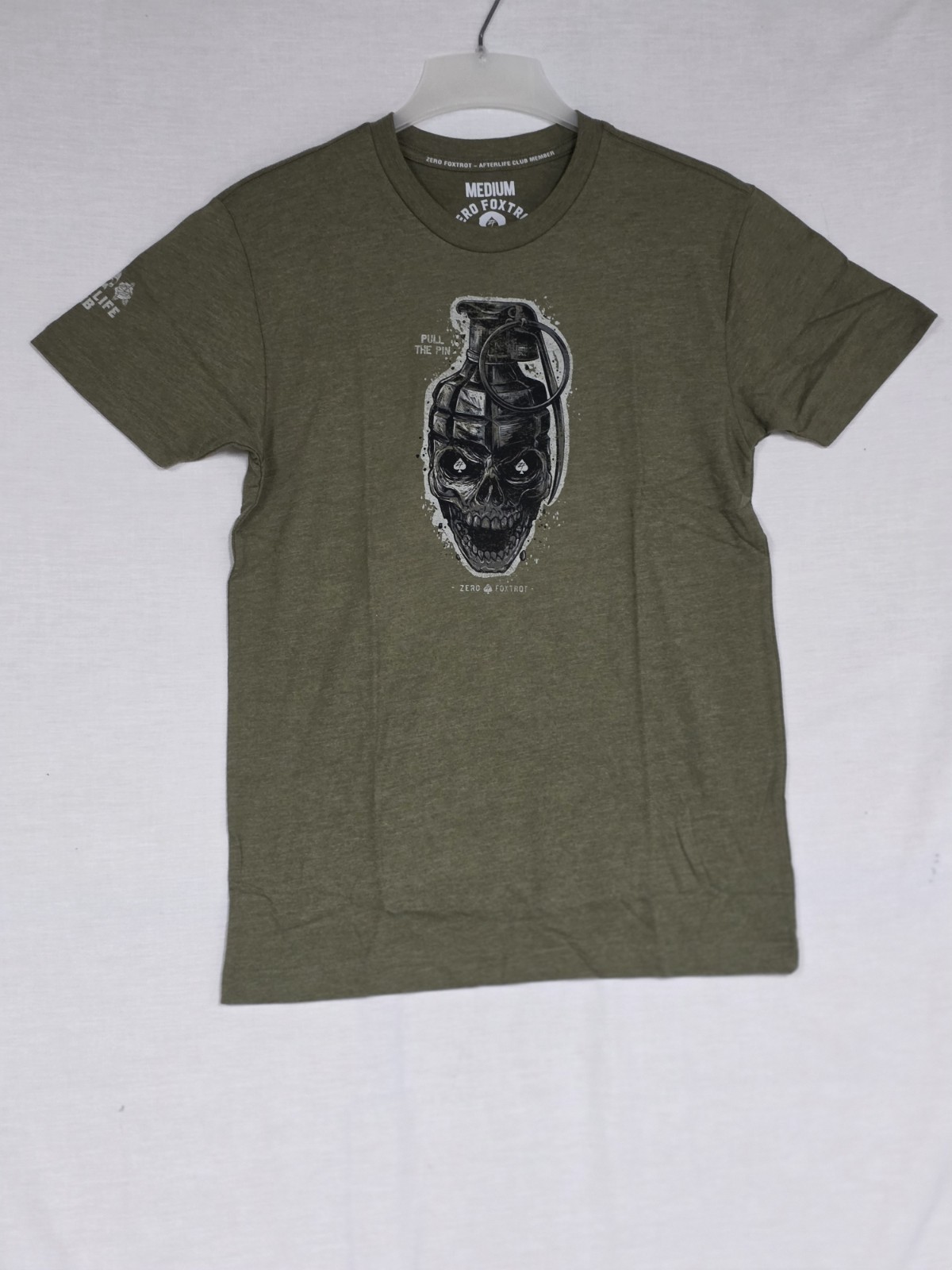 New ZERO FOXTROT PULL THE PIN Skull Grenade Graphic T-Shirt Green Sz M