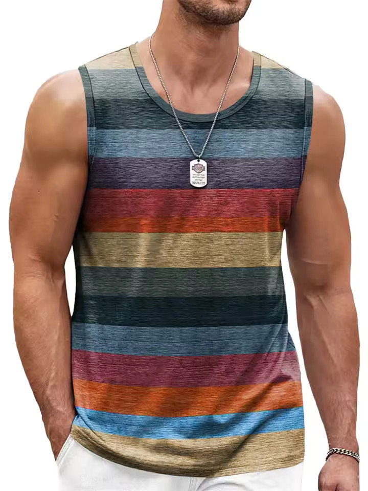 Retro Striped 3D Graphic Tank Top for Men – Sleeveless Quick-Dry Summer Vest