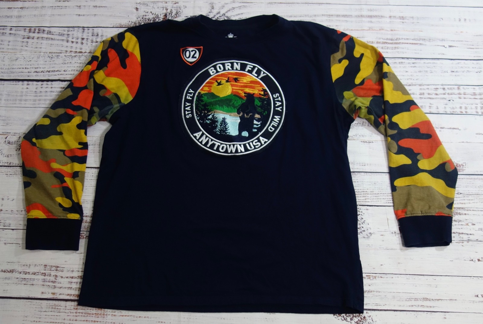 Born Fly Navy Blue Camo Long Sleeve Large Logo Patch T-Shirt Mens Cotton 2XL