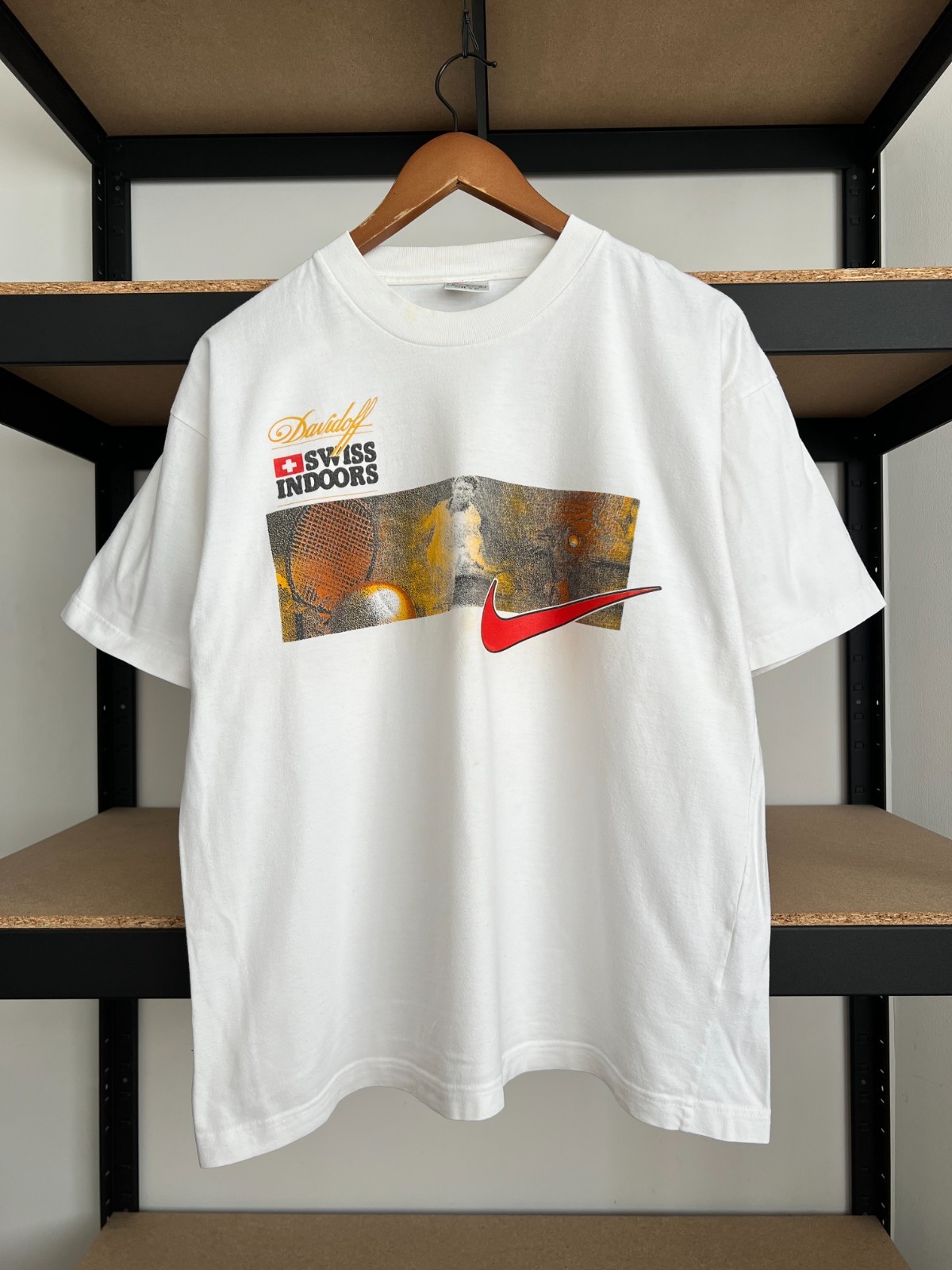 Vintage 90s Nike Davidoff Swiss Indoors Tennis White T-shirt Sz M