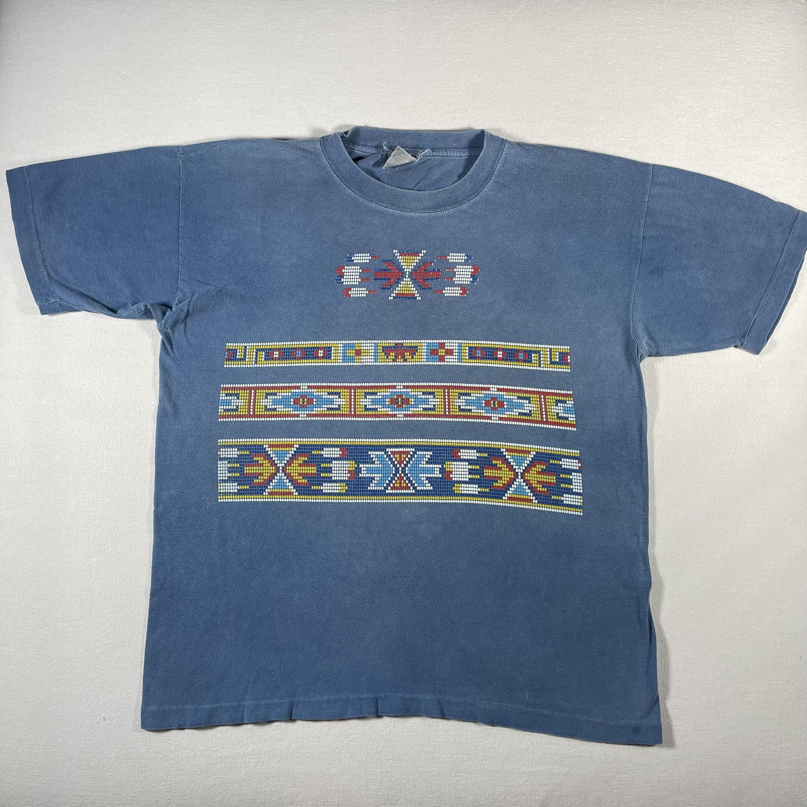 Vintage Southwestern Shirt Mens Large Blue Tribal Beaded Faded Soft Thin 90s