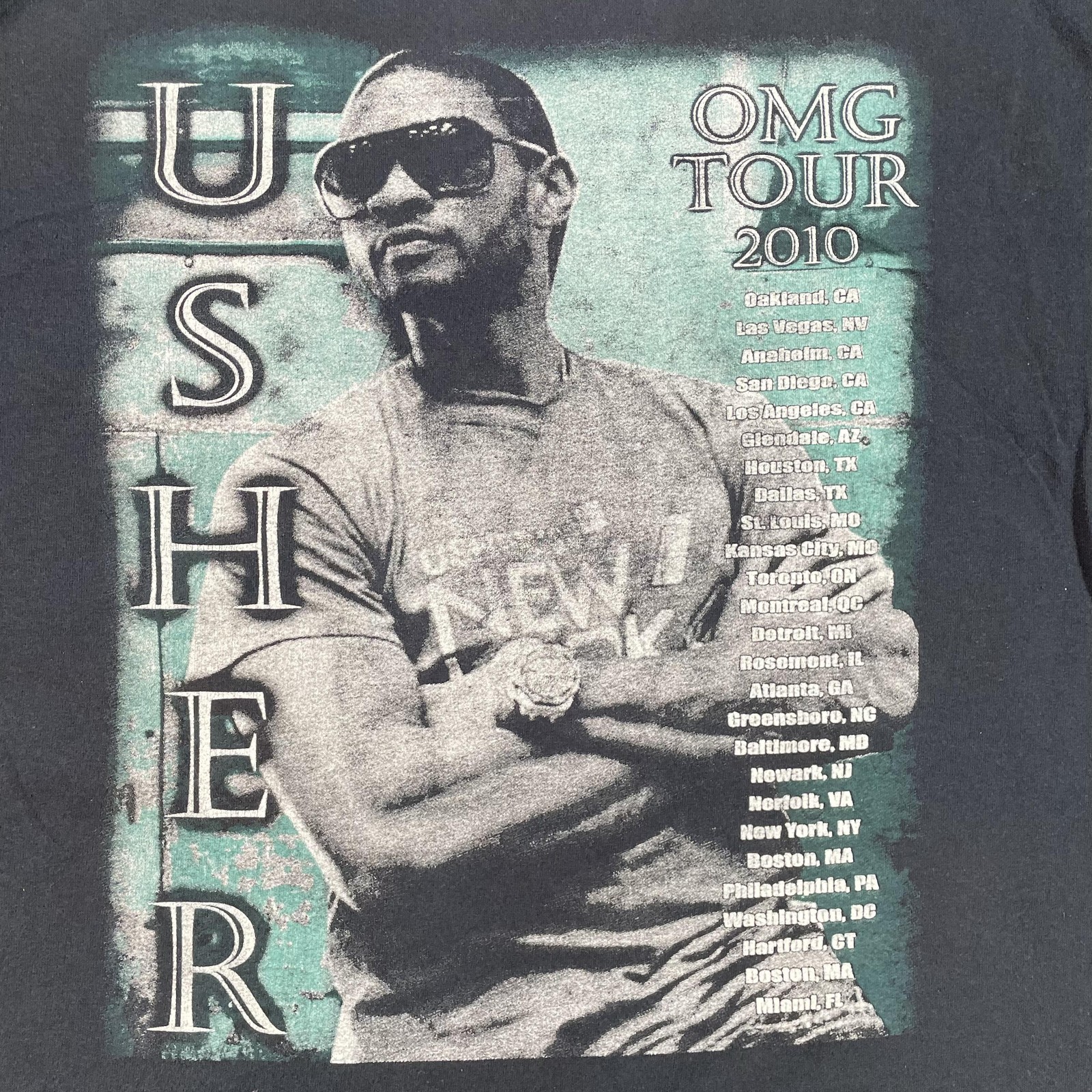 Usher Shirt Mens Large Black 2010 OMG Tour Concert Rap Tee R&B Double Sided
