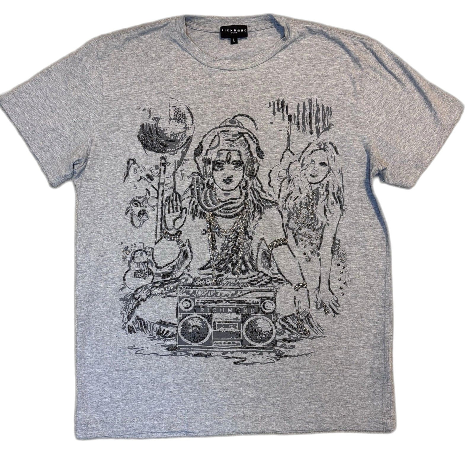 John Richmond Graphic Tee Beaded Embellished Shiva Boombox DJ Streetwear Y2K
