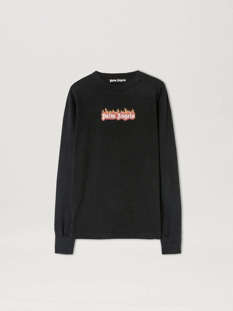 Palm Angels Burning Logo Classic Tee Long Sleeve Black Designer Shirt