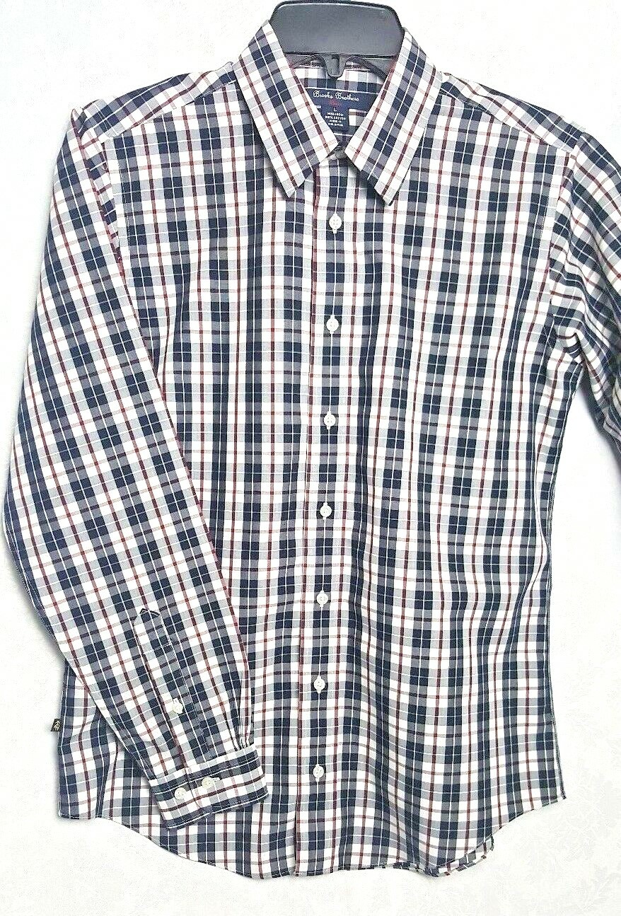 Brooks Brothers Men Shirt Blue/White/Red Plaid Botton Front Non Iron 100% Cotton