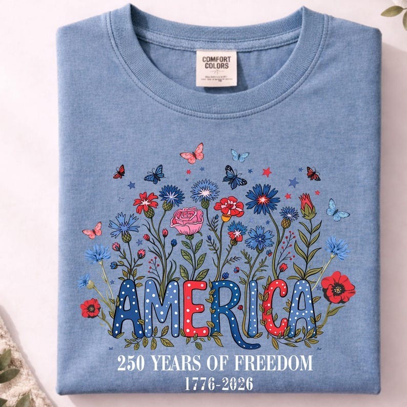 Comfort Colors Floral 250th Anniversary Shirt, Wildflower Independence Day Tee