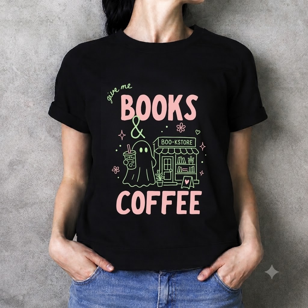 Books and Coffee Ghost Shirt Halloween Book Lover Gifts Reading Graphic Tee