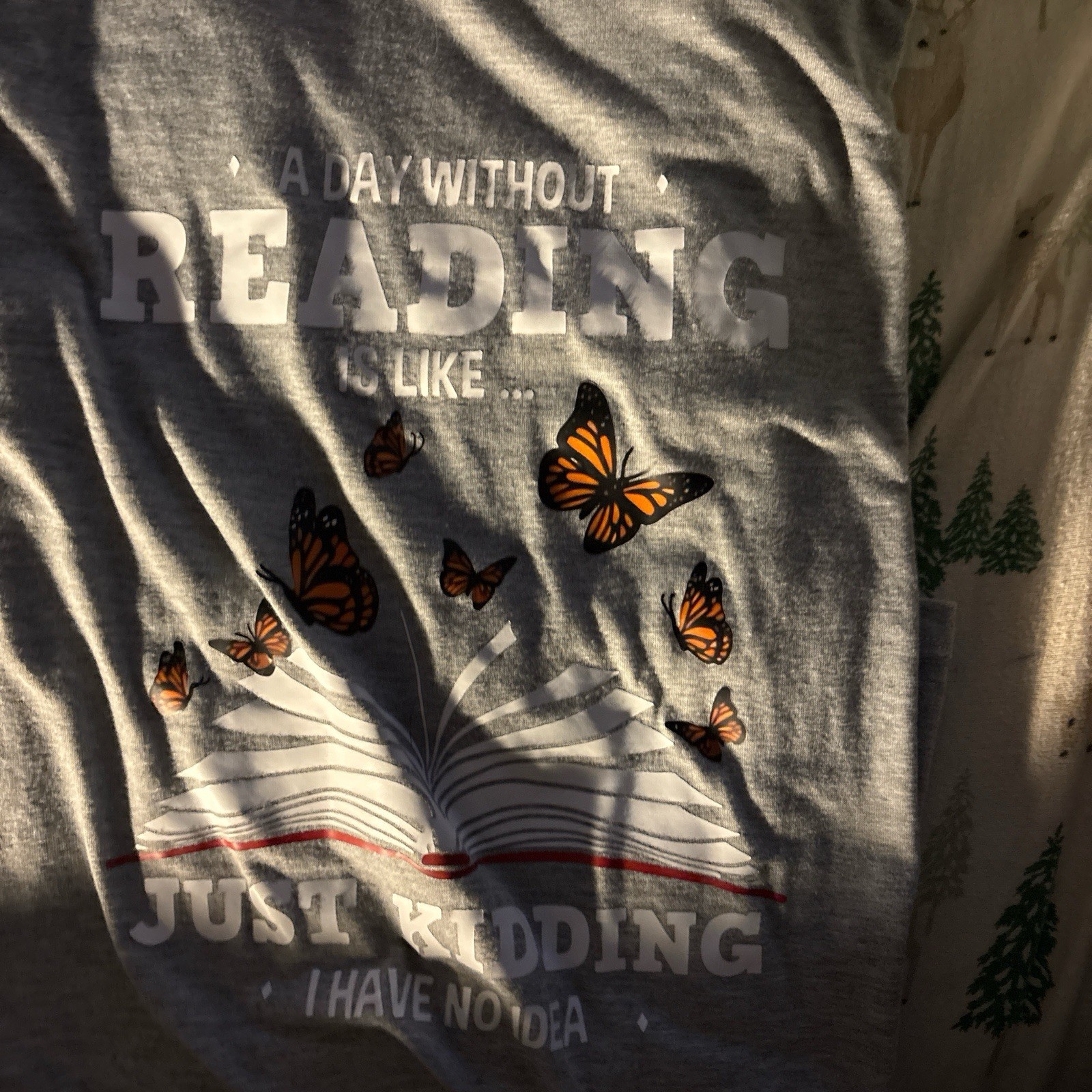 Gray womens Graphic T-Shirt ‘A Day Without Reading’ Book Butterfly Print