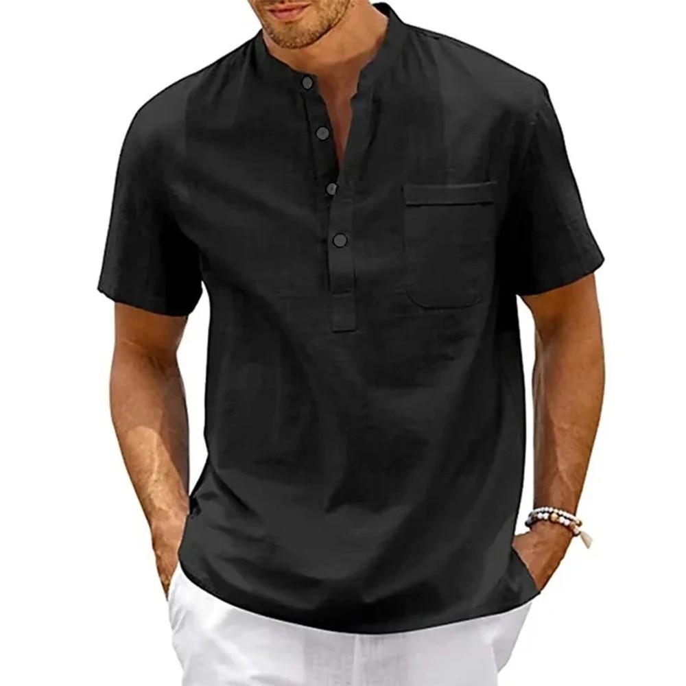 Men’s Cotton Linen Henley Shirt Casual Short Sleeve Beach Summer Top with Pocket