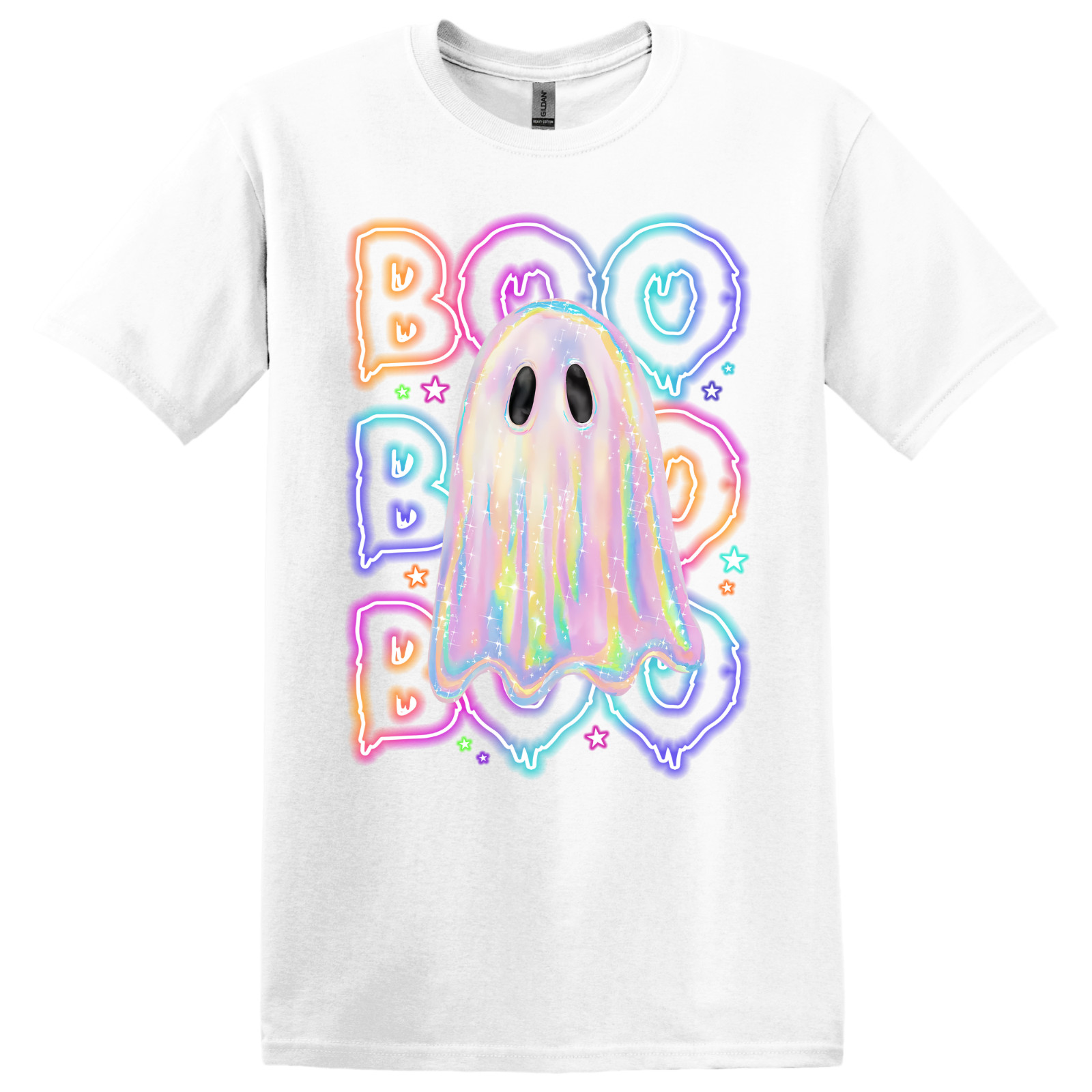 Halloween T-Shirt Neon “Boo” With Ghost – Choose Your Color & Size