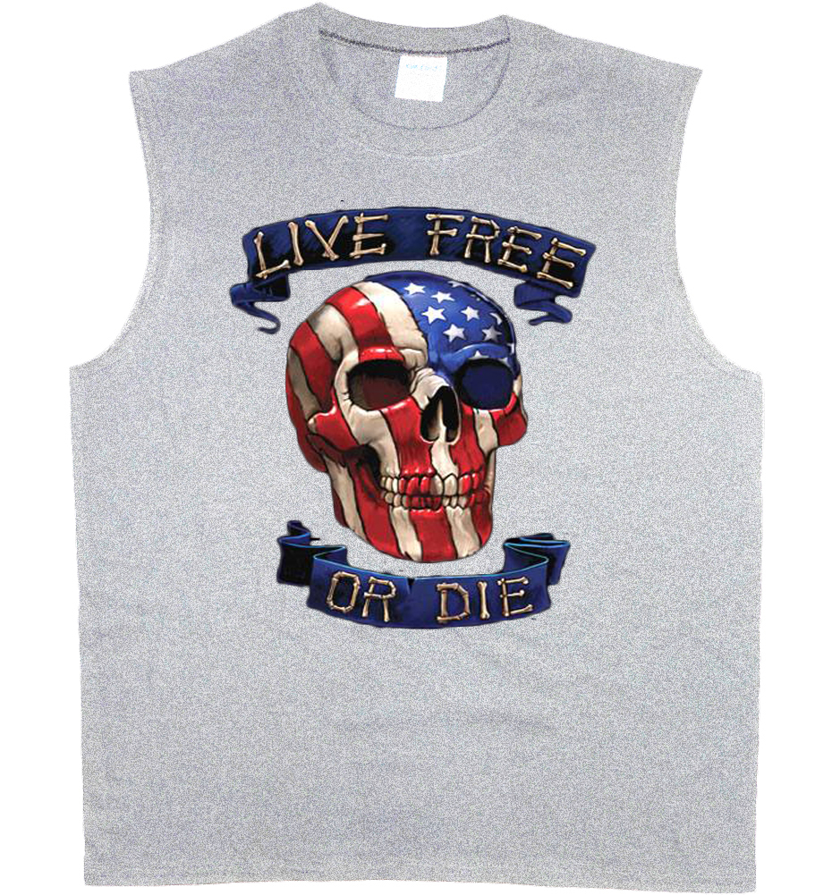Men’s sleeveless shirt live free or die American flag skull muscle tee tank top