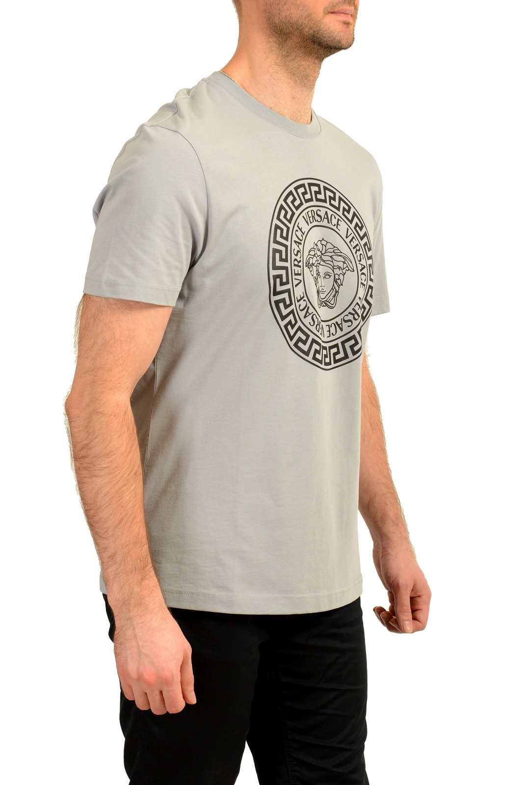 Versace Men’s Gray Logo Print Crewneck Short Sleeve T-Shirt US 2XL IT 56
