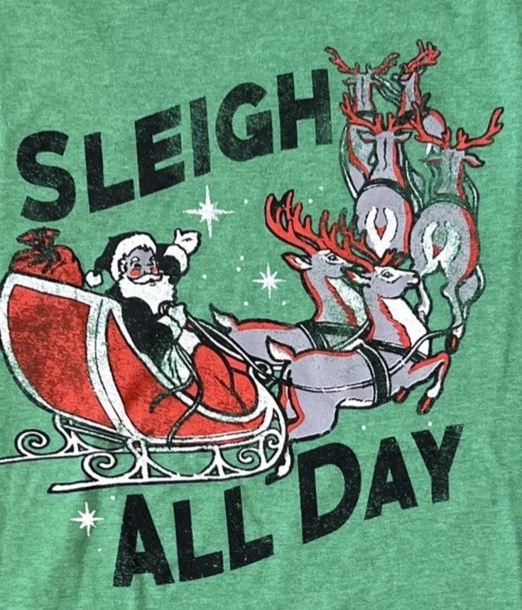 Mad Engine Sleigh All Day Graphic Tee Size XL Green Christmas Shirt