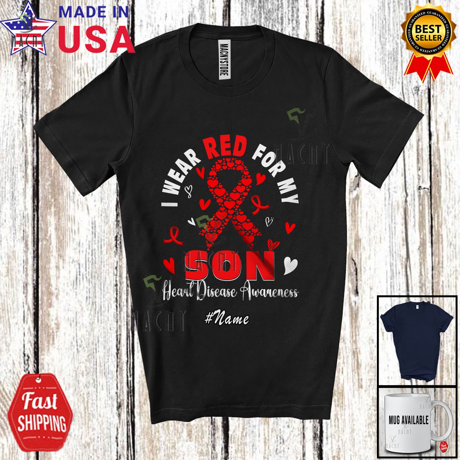 Custom Name Wear Red For My Son; Heart Disease Awareness Ribbon Family T-Shirt