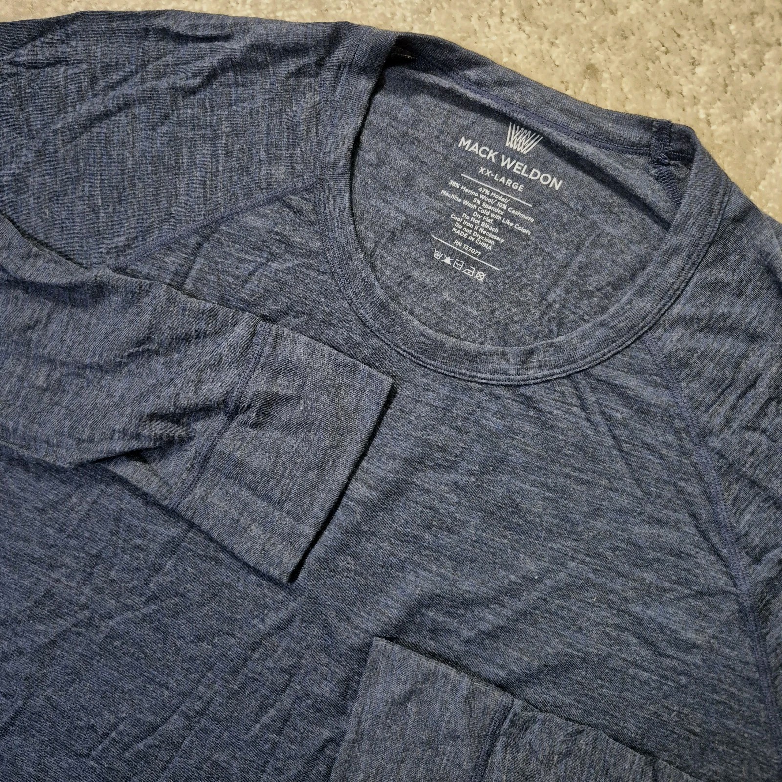 Mack Weldon Merino Wool Cashmere Top Mens 2XL Blue Fine Base Layer Outdoor Ski