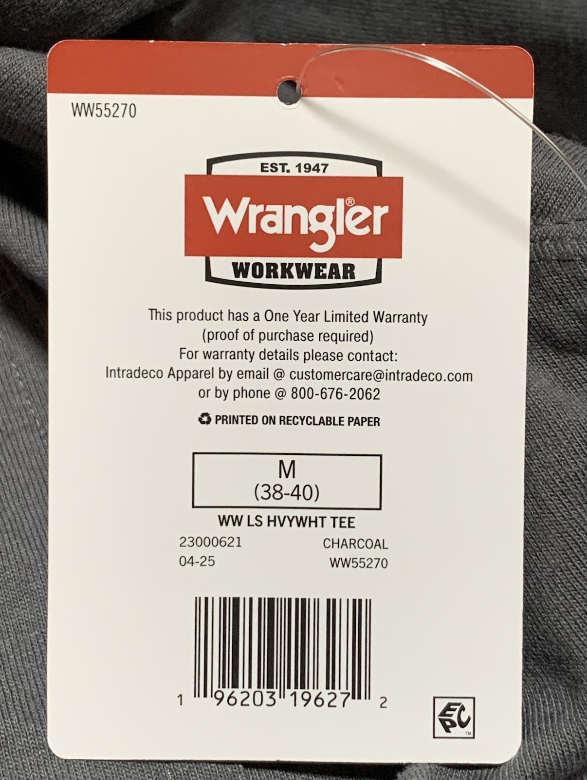NEW Wrangler Workwear Men’s Gray/Long Sleeve/Pocket/Heavyweight T-Shirt Size M